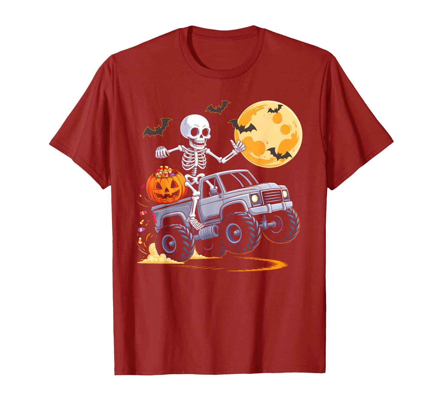 Skeleton Monster Truck Halloween Moon Pumpkin Boys Kids T-Shirt