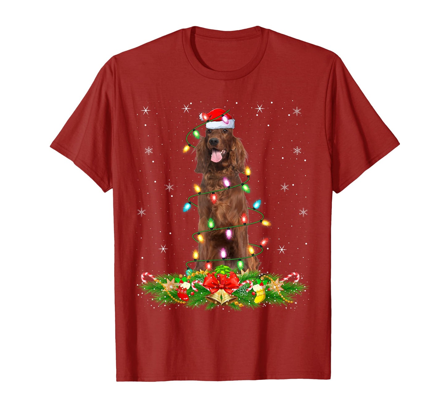 Irish Setter Dog Christmas Lights Funny Santa Hat Xmas T-Shirt