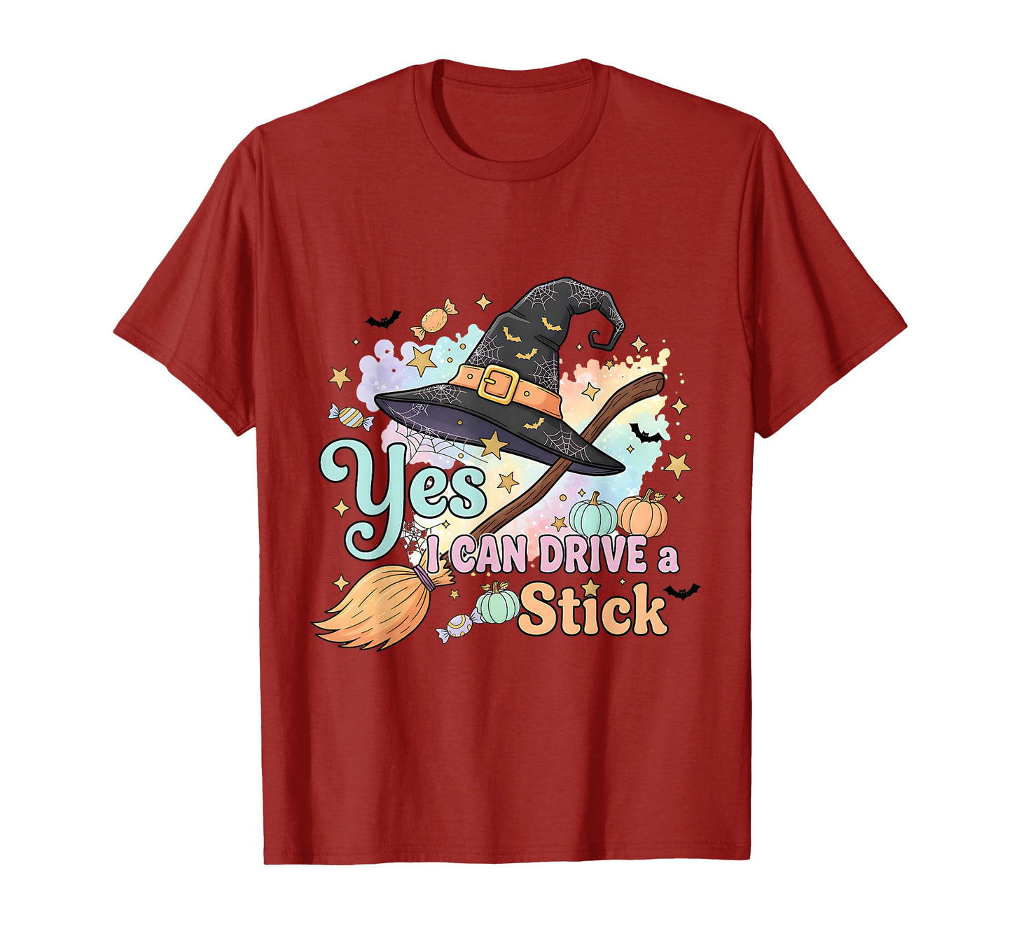 Yes I Can Drive A Stick Funny Pastel Witch Halloween Design T-Shirt