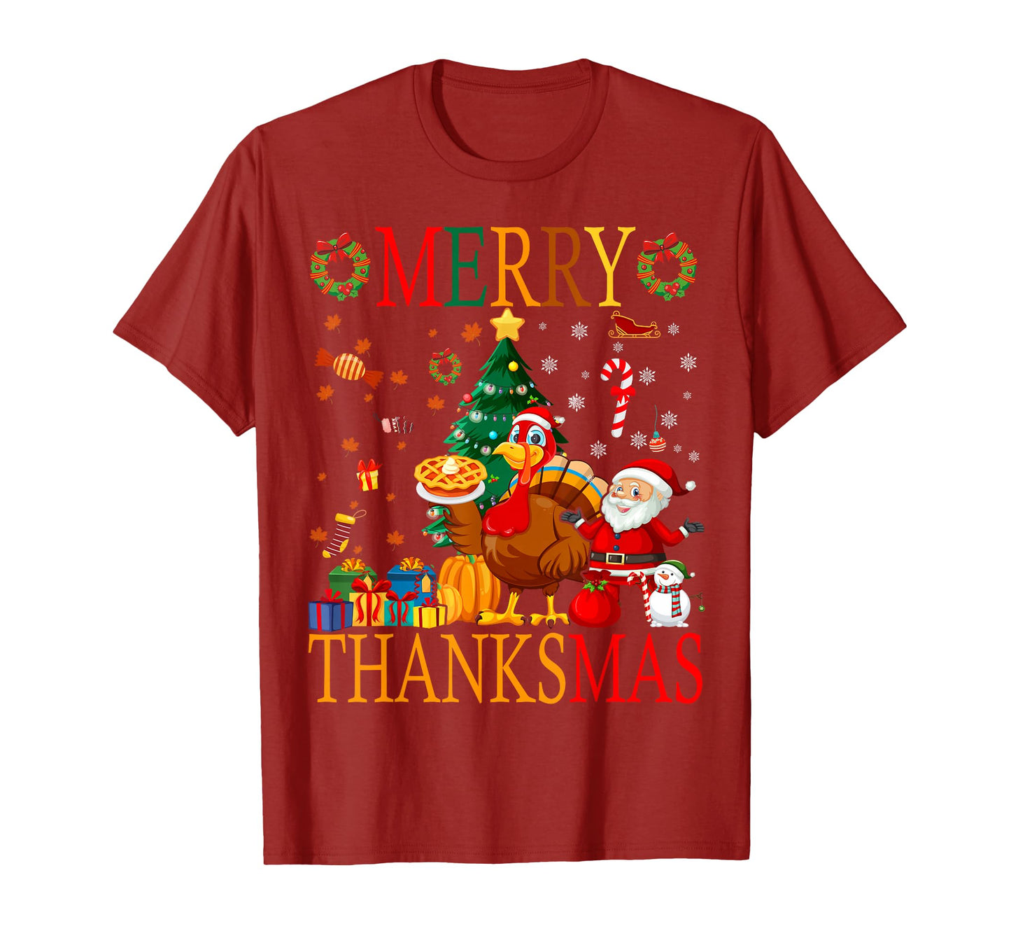 Funny Merry Thanksmas Pumpkin Turkey Thanksgiving Christmas T-Shirt