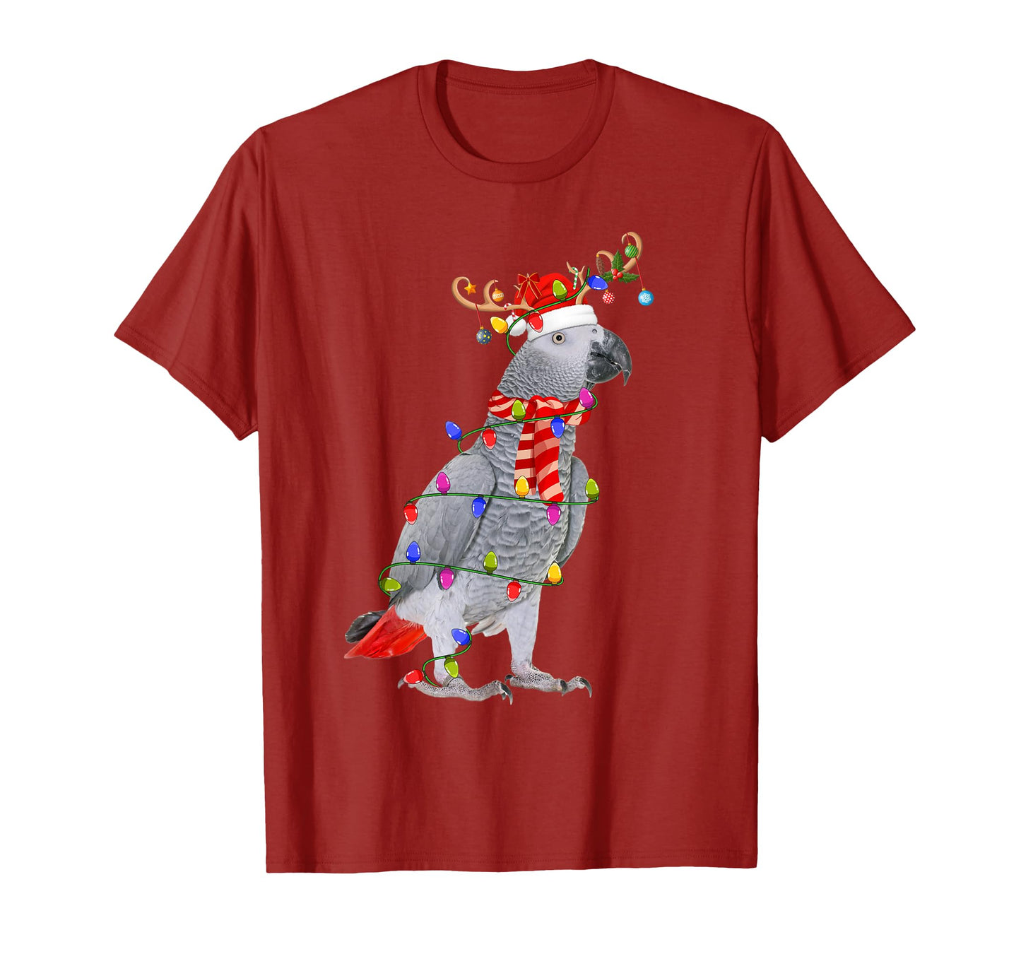 Grey Parrot Bird Christmas Lights Reindeer Santa Hat Xmas T-Shirt