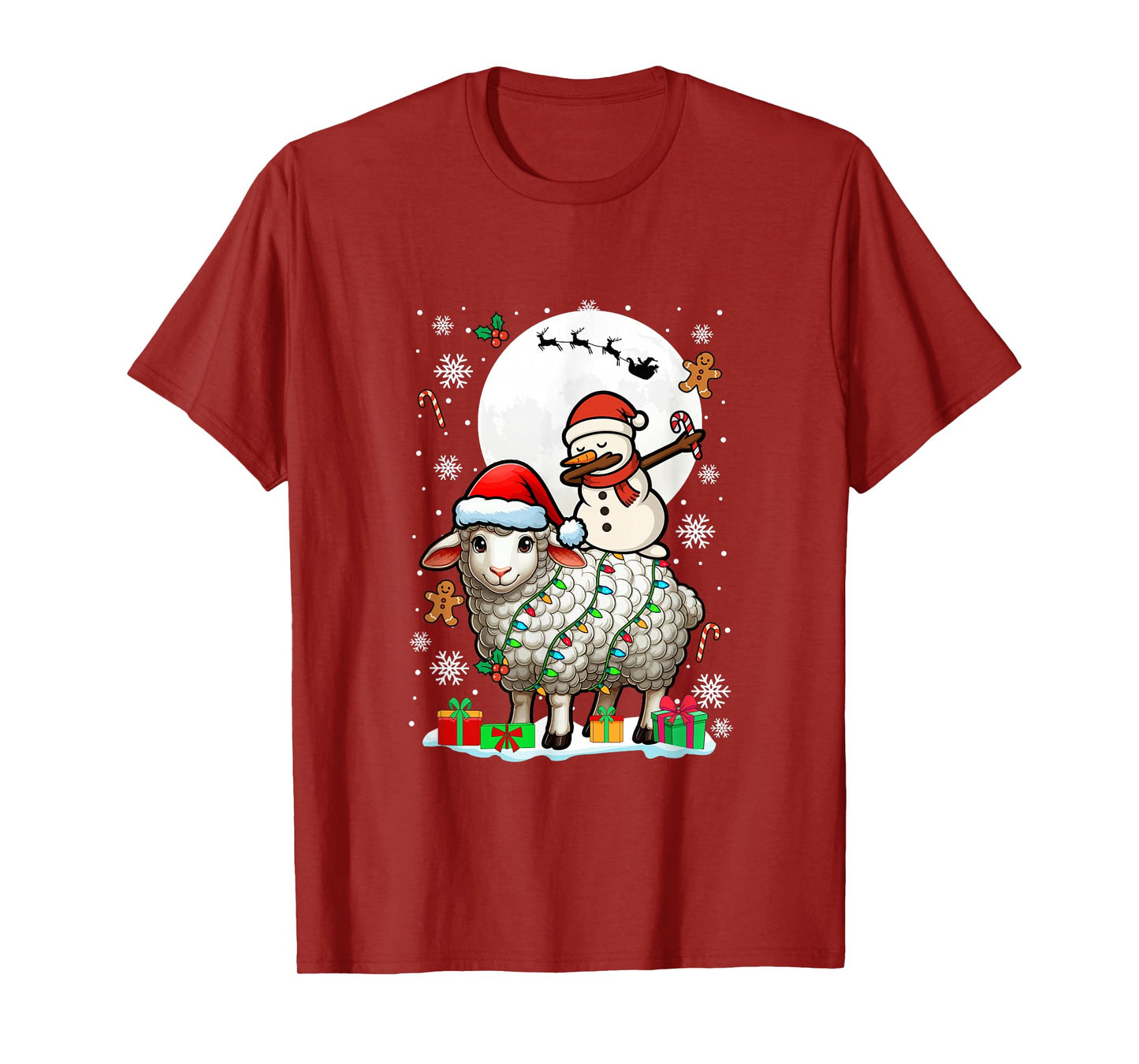 Dabbing Snowman On Sheep Christmas Santa Colorful Lights T-Shirt