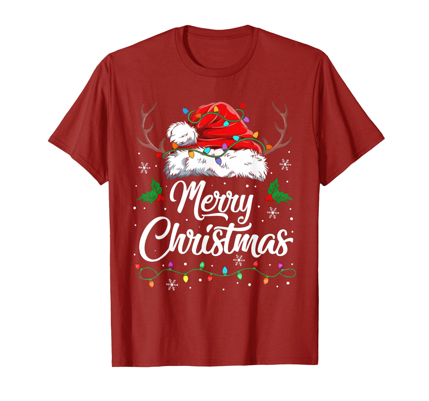 Merry Christmas Lights Red Santa Hat Xmas Family Men Women T-Shirt