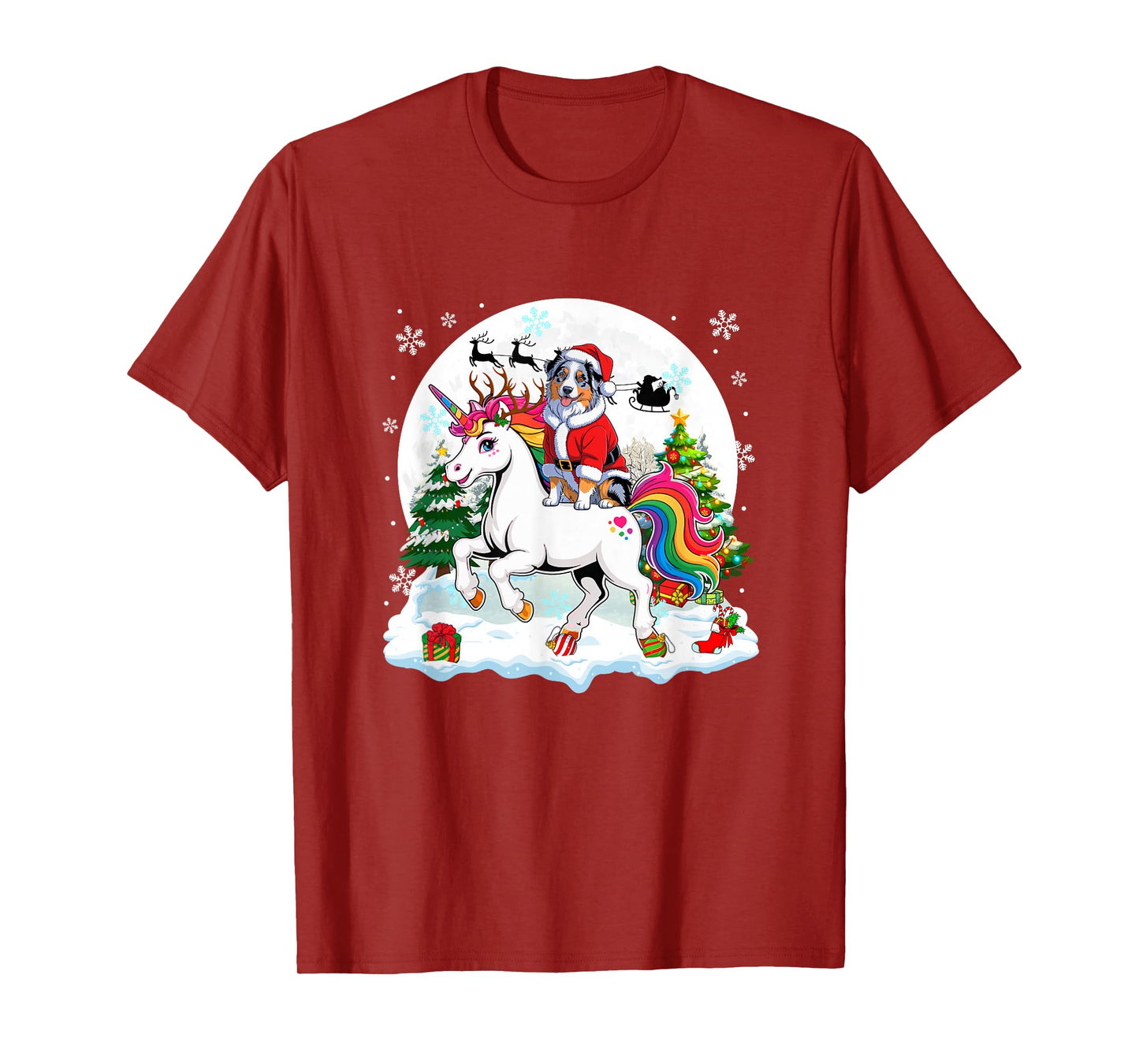Santa Aussie Riding Unicorn Reindeer Christmas Owner Kids T-Shirt