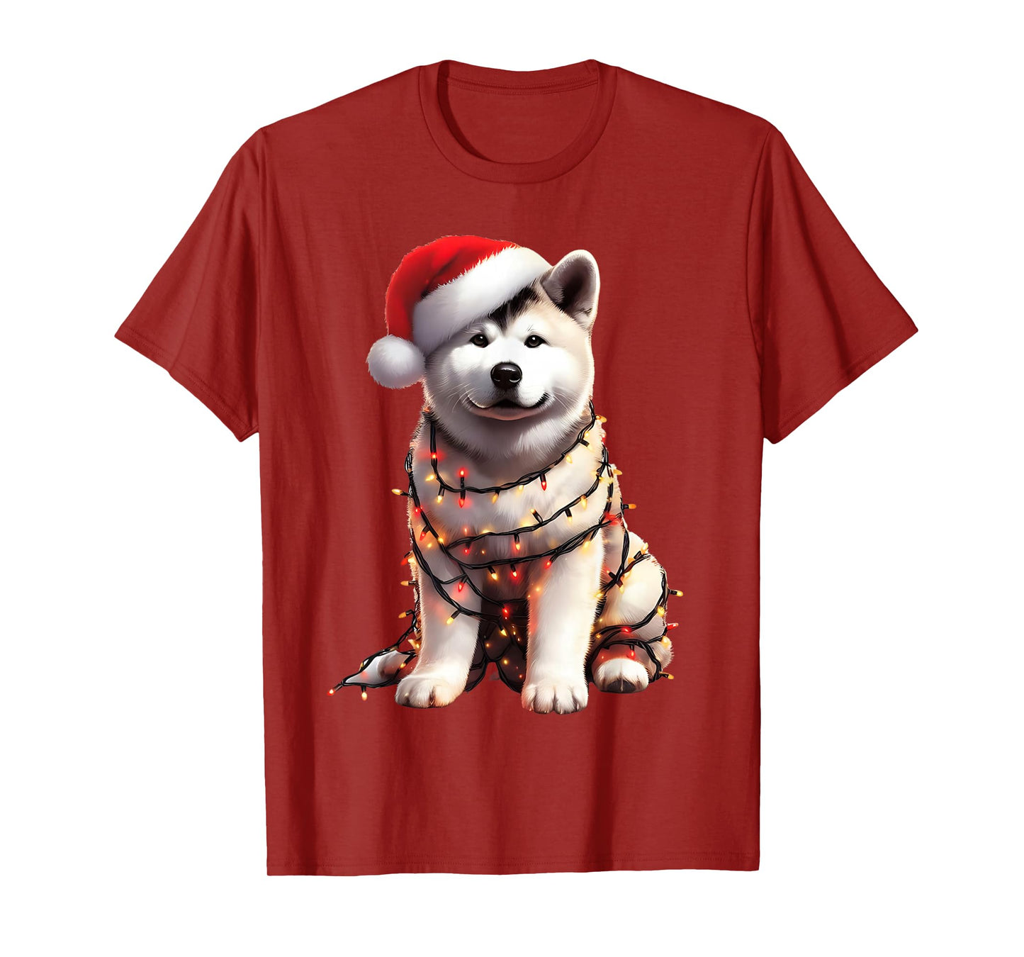 Akita Dog Christmas Lights Santa Hat Dog Lover T-Shirt