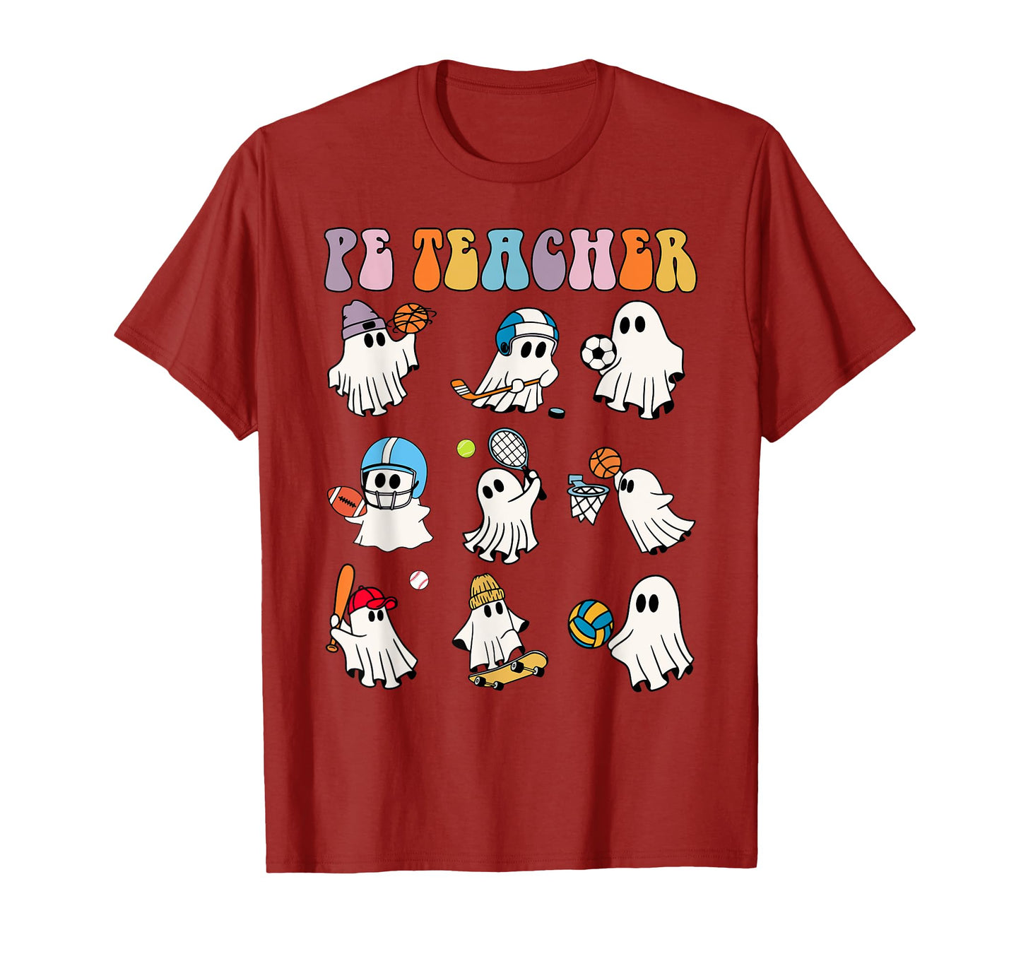 Halloween PE Teacher Ghost Playing Soccer Football Baseball T-Shirt