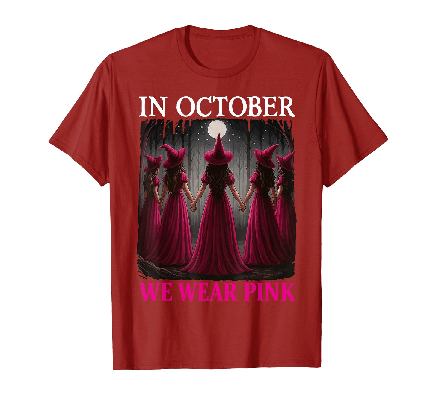 in October We Wear Pink Witch Hat Breast Cancer Ribbon T-Shirt