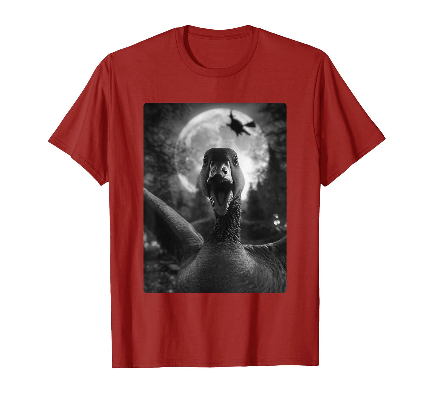 Funny Goose Selfie Full Moon Flying Witch Forest Halloween T-Shirt