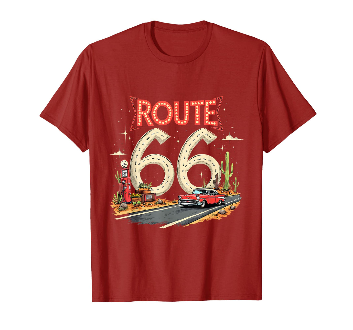 Classic Retro Route 66 Desert Scene with Red Vintage Car T-Shirt