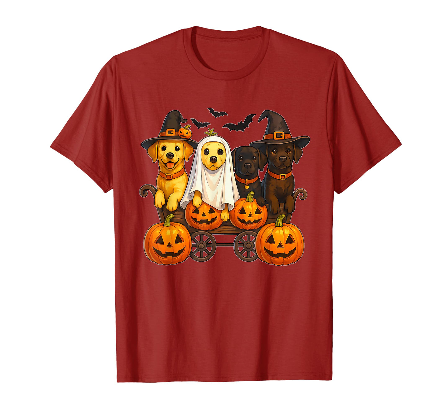Halloween Retriever Dogs Ghost Witch Pumpkins Wooden Wagon T-Shirt