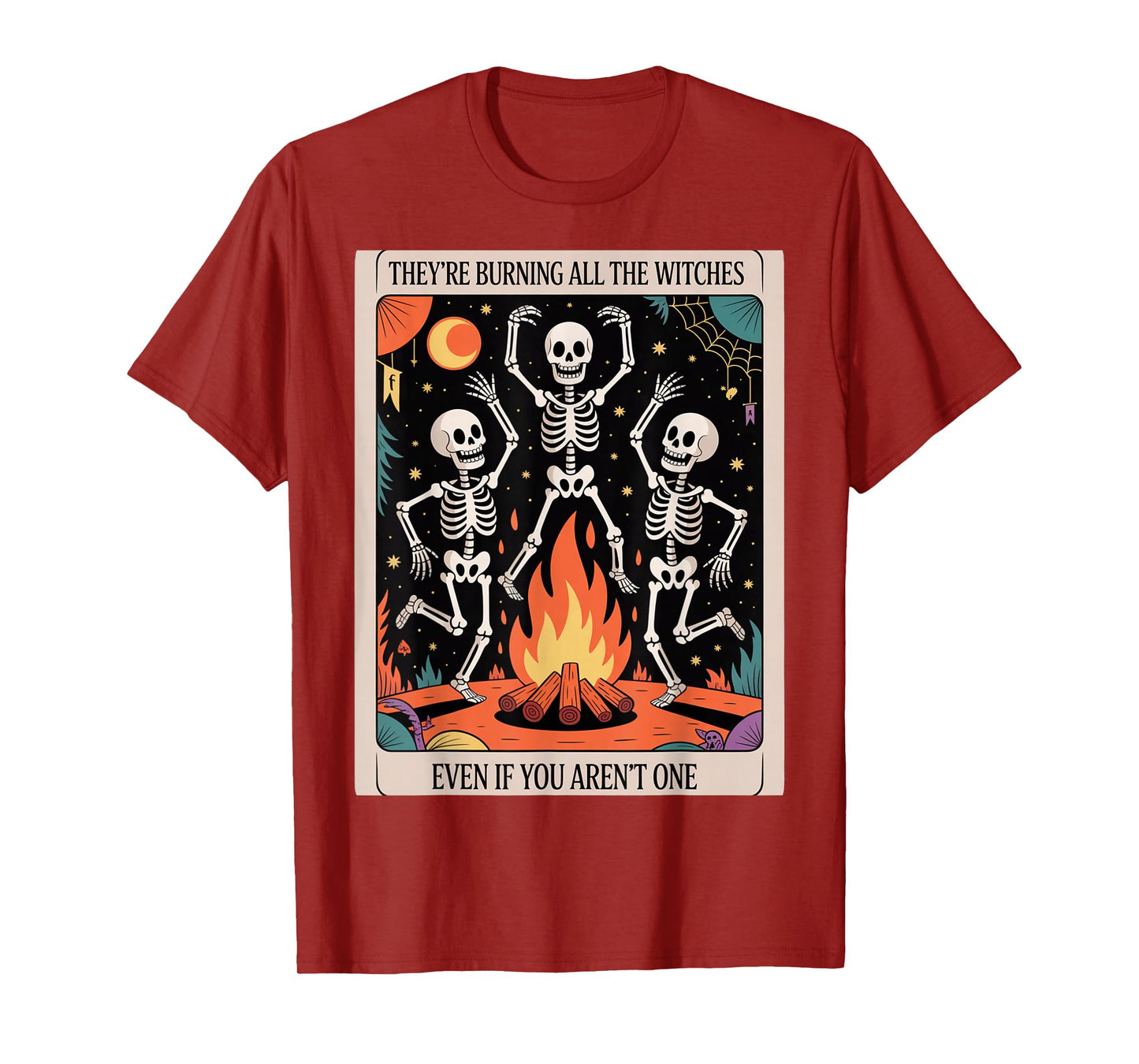Burning Witches Skeleton Bonfire Tee – Gothic Halloween Taro T-Shirt