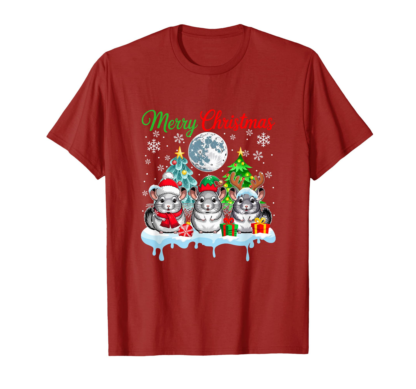 Merry Christmas Three Santa Elf Reindeer Chinchillas Rodent T-Shirt