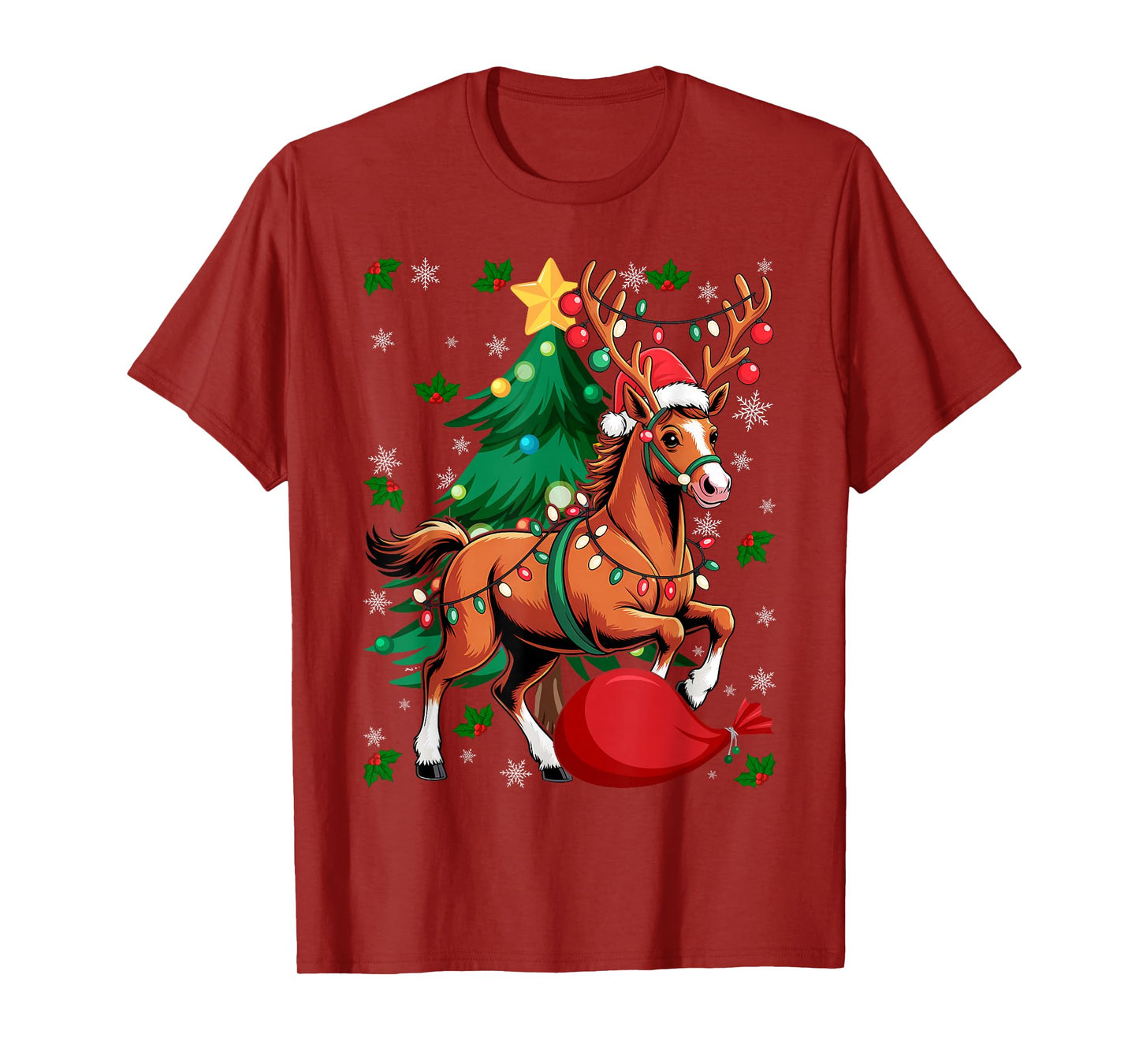 Christmas Lights Horse Santa Funny Xmas Tree T-Shirt
