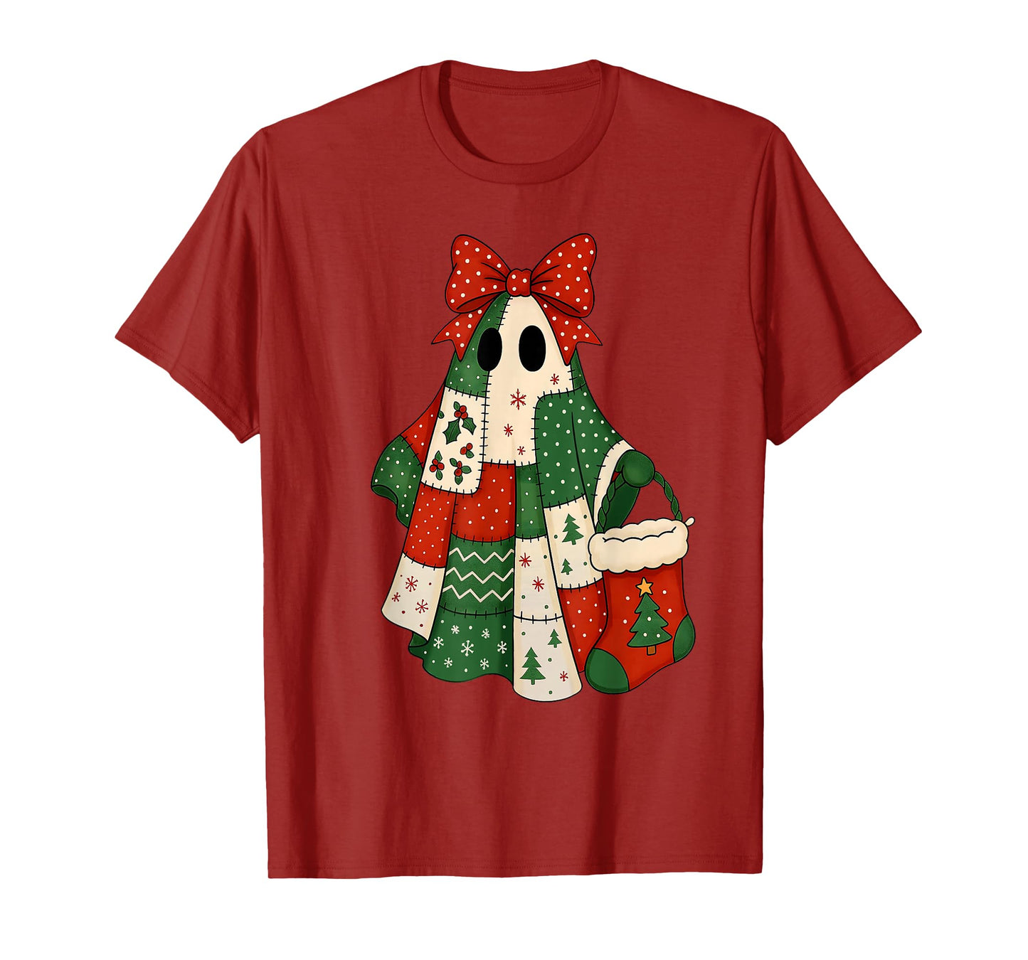 Retro Patchwork Christmas Ghost Coquette Bow X-mas Holiday T-Shirt