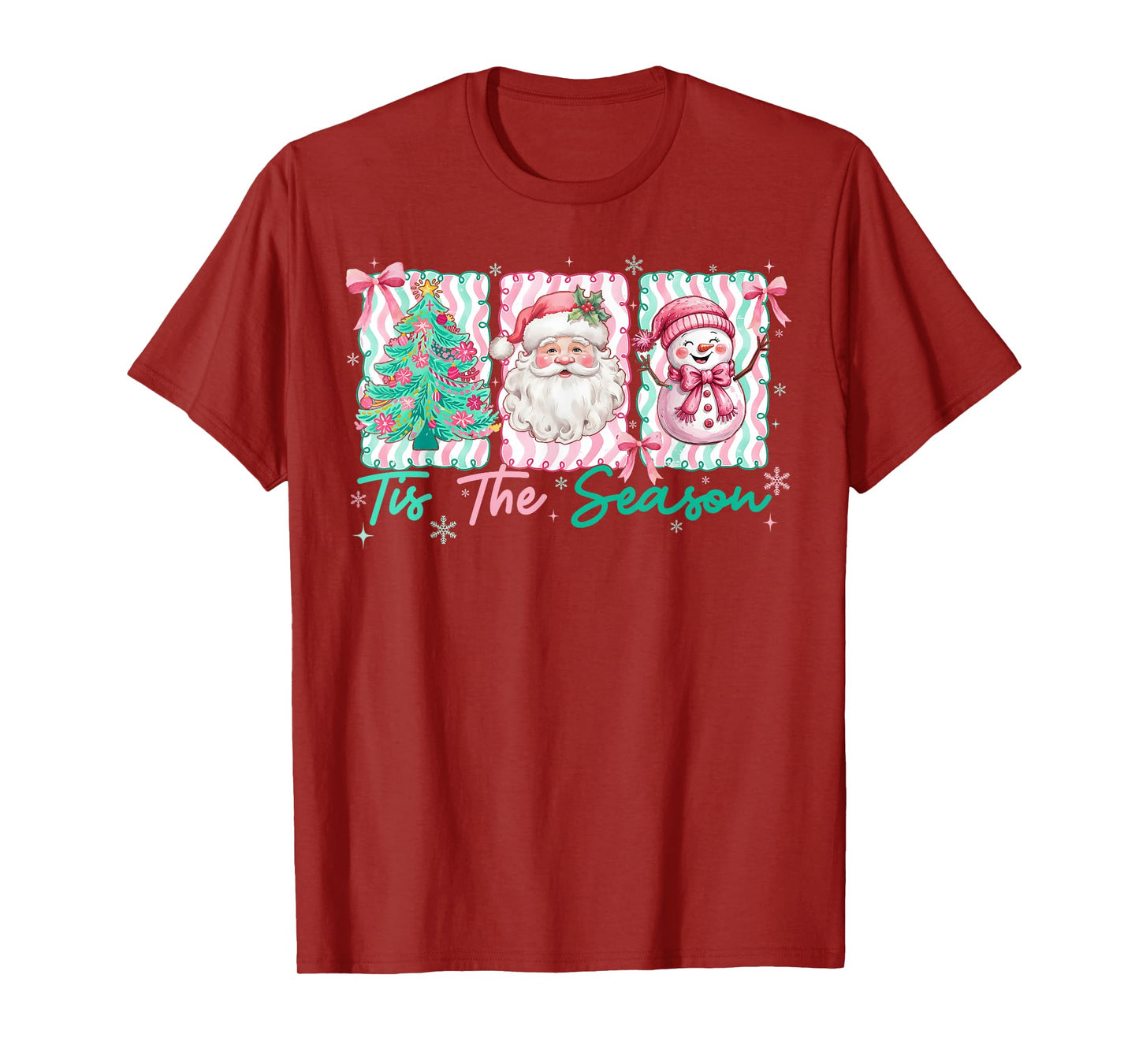 Preppy Tis The Season Santa Snowman Merry Christmas Tree T-Shirt