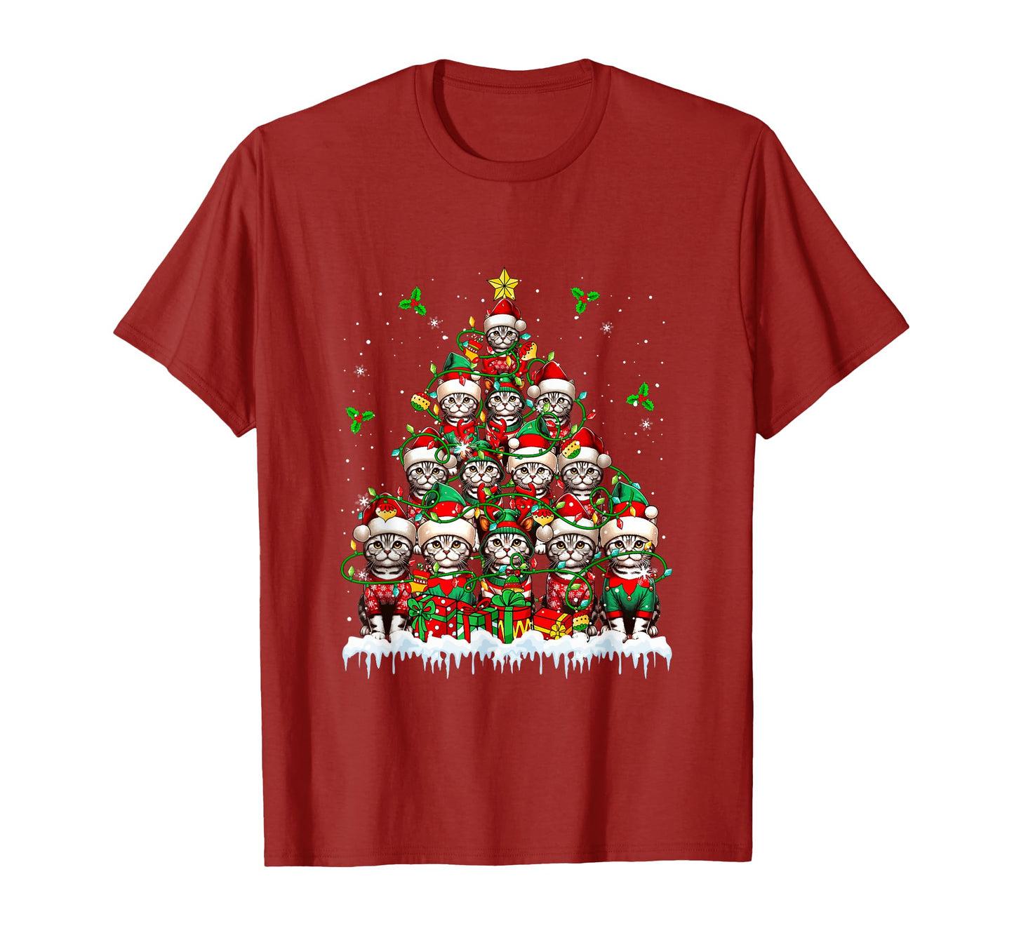 Group Santa Reindeer Elf American Shorthair Cats Xmas Tree T-Shirt
