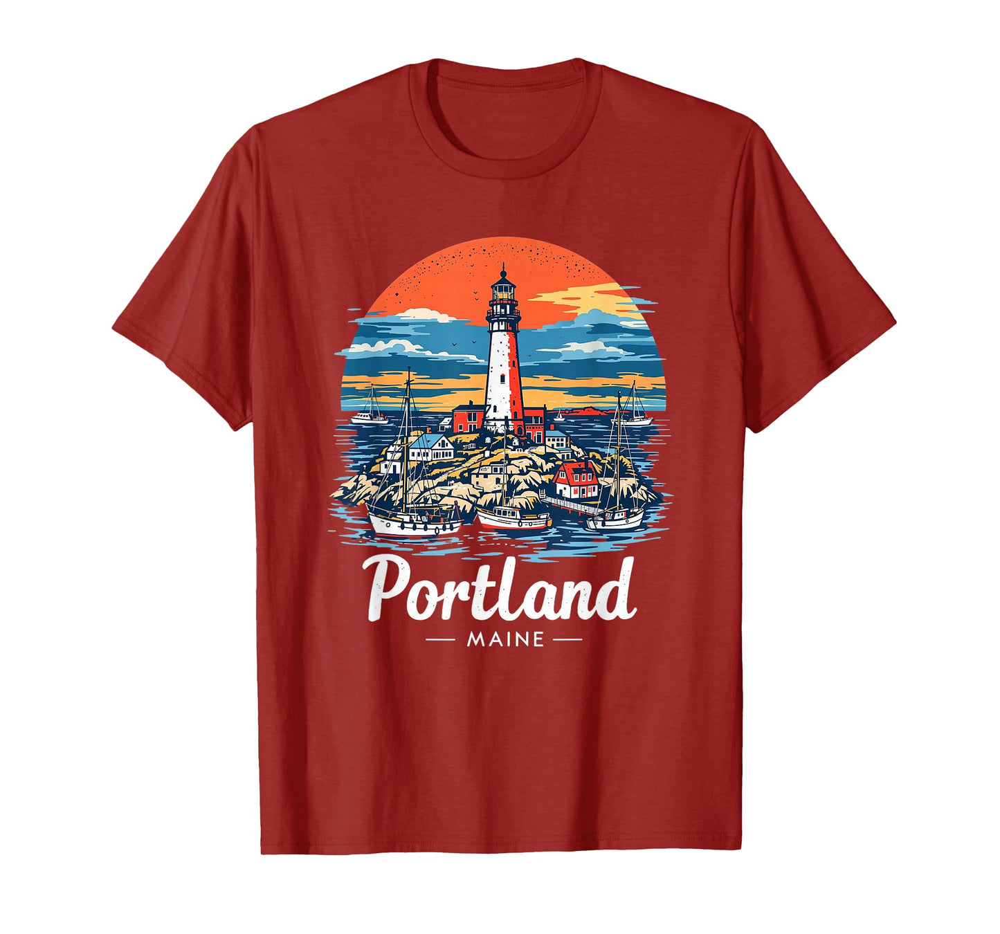 Vintage Portland Maine Sunset Skyline Coastal Cityscape T-Shirt