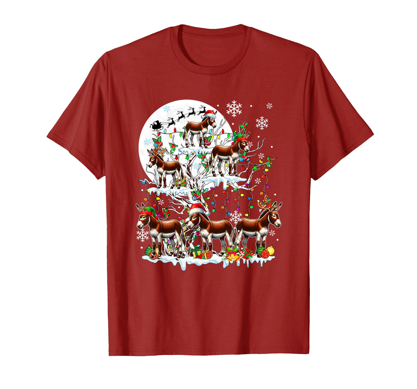 Group Santa Reindeer Elf Donkeys On Tree Christmas Snow T-Shirt