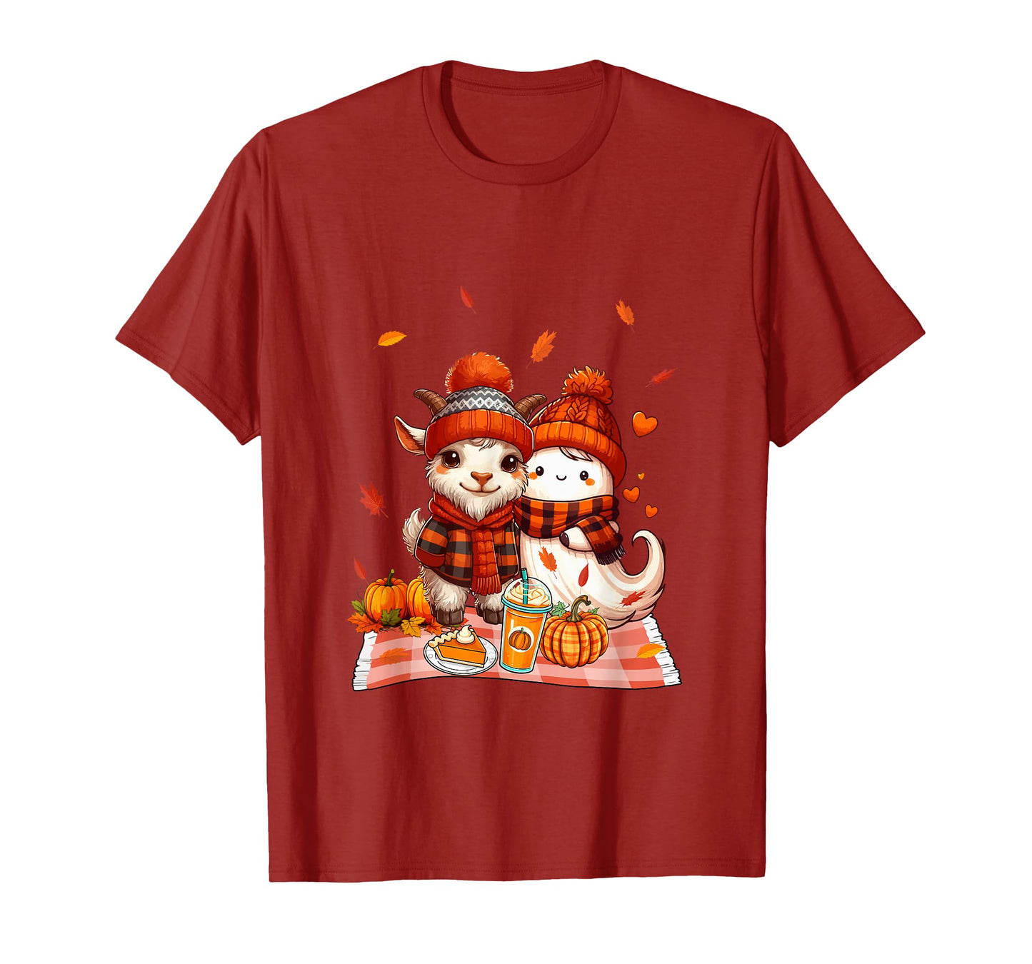 Goat with Boo Halloween Thanksgiving Fall Leaves Pumpkins T-Shirt