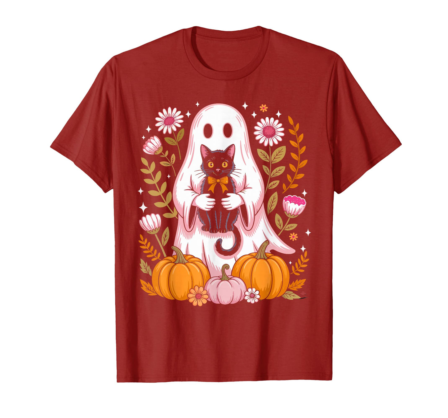 Cute Halloween Ghost Holding Black Cat Vintage Groovy Floral T-Shirt