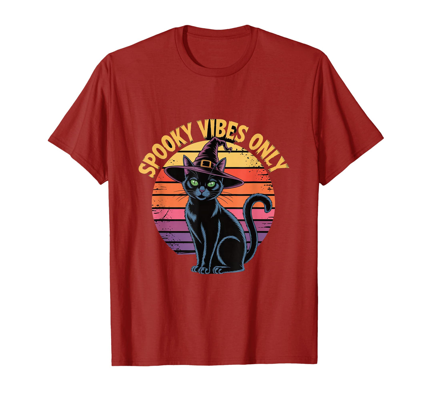 Spooky Vibes Only Cat Witch Hat Retro Sunset Halloween T-Shirt