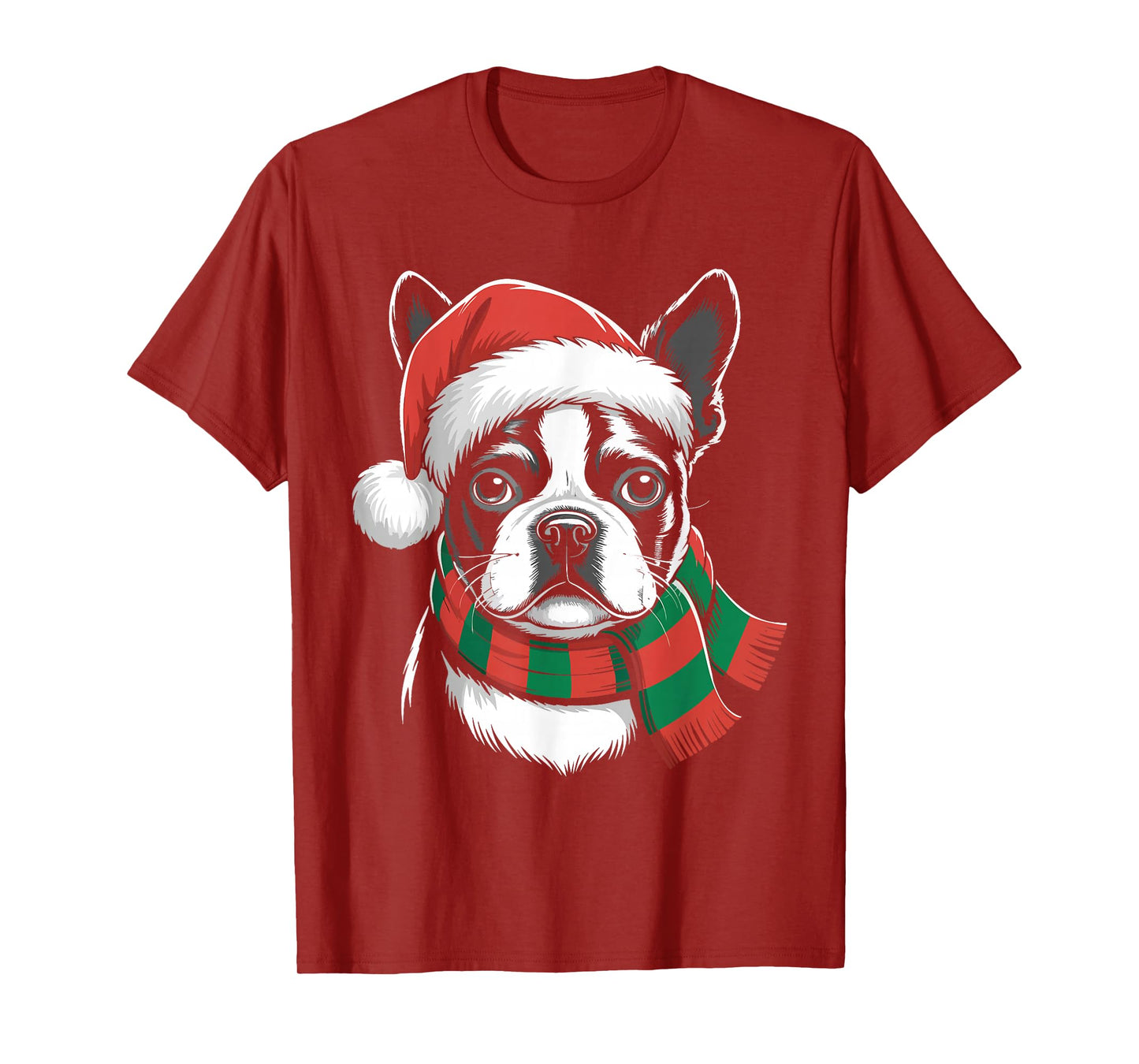 Boston Terrier Xmas Santa Hat Scarf Christmas Costume T-Shirt