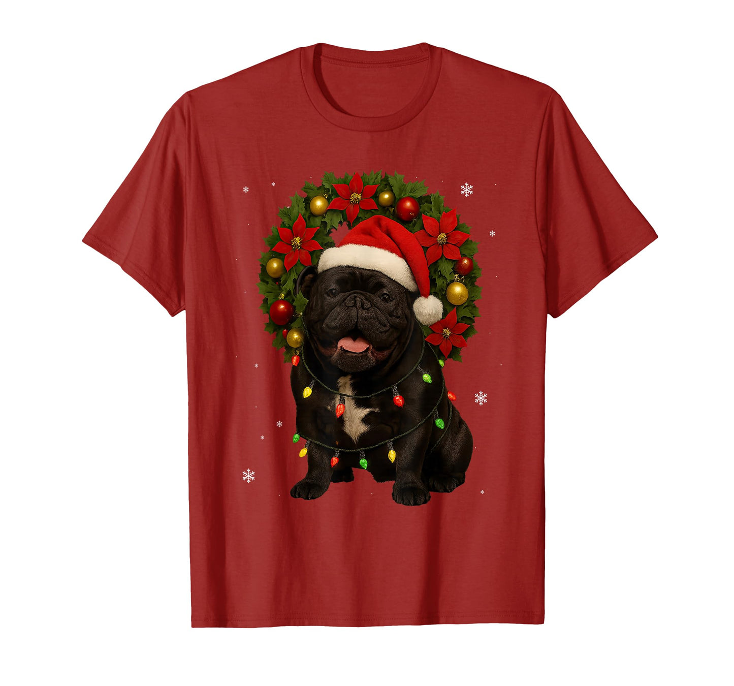 Cute English Bulldog Festive Wreath Christmas Dog T-Shirt