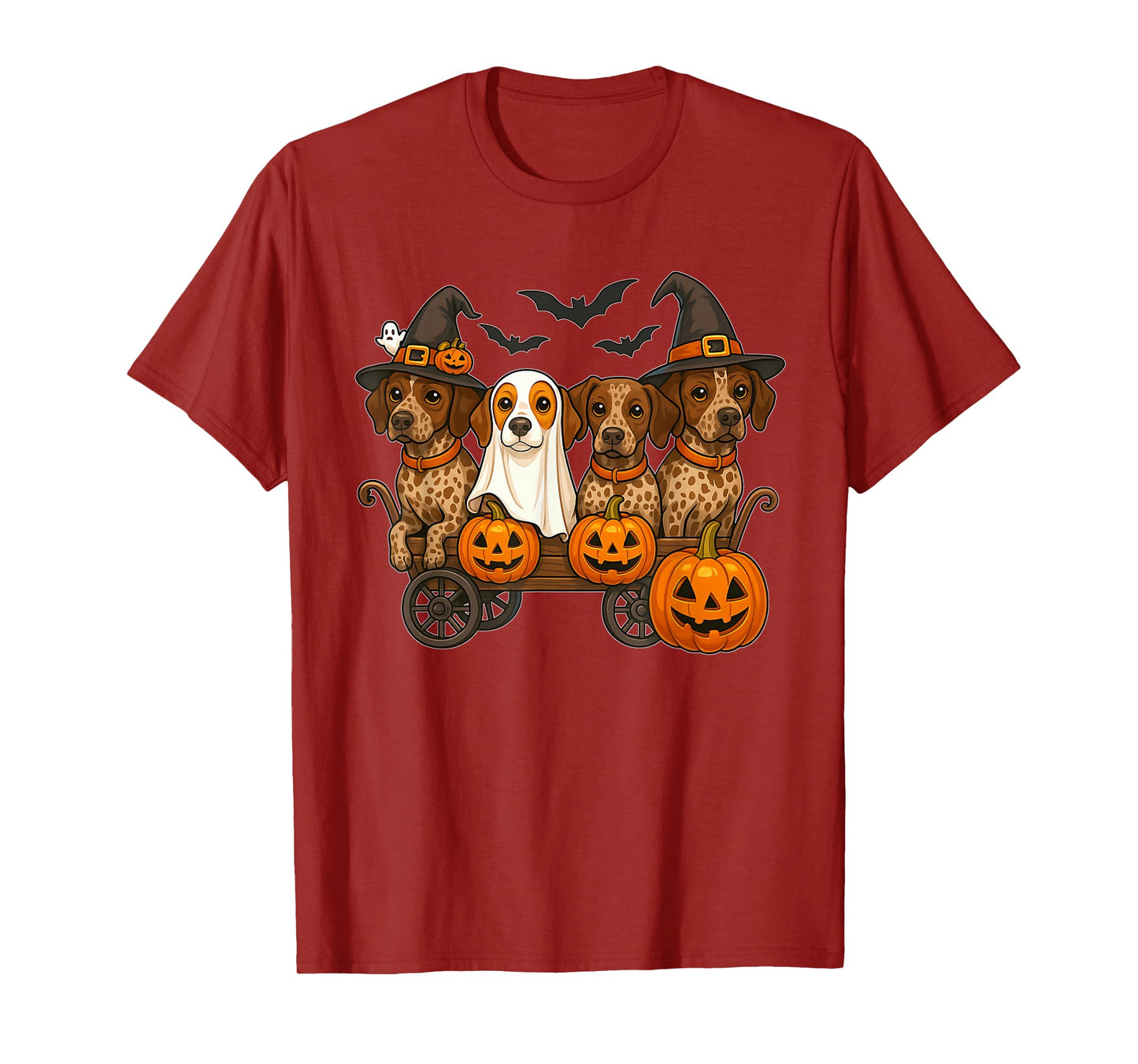 Halloween Shorthaired Dogs Ghost Witch Pumpkins Wooden Wagon T-Shirt