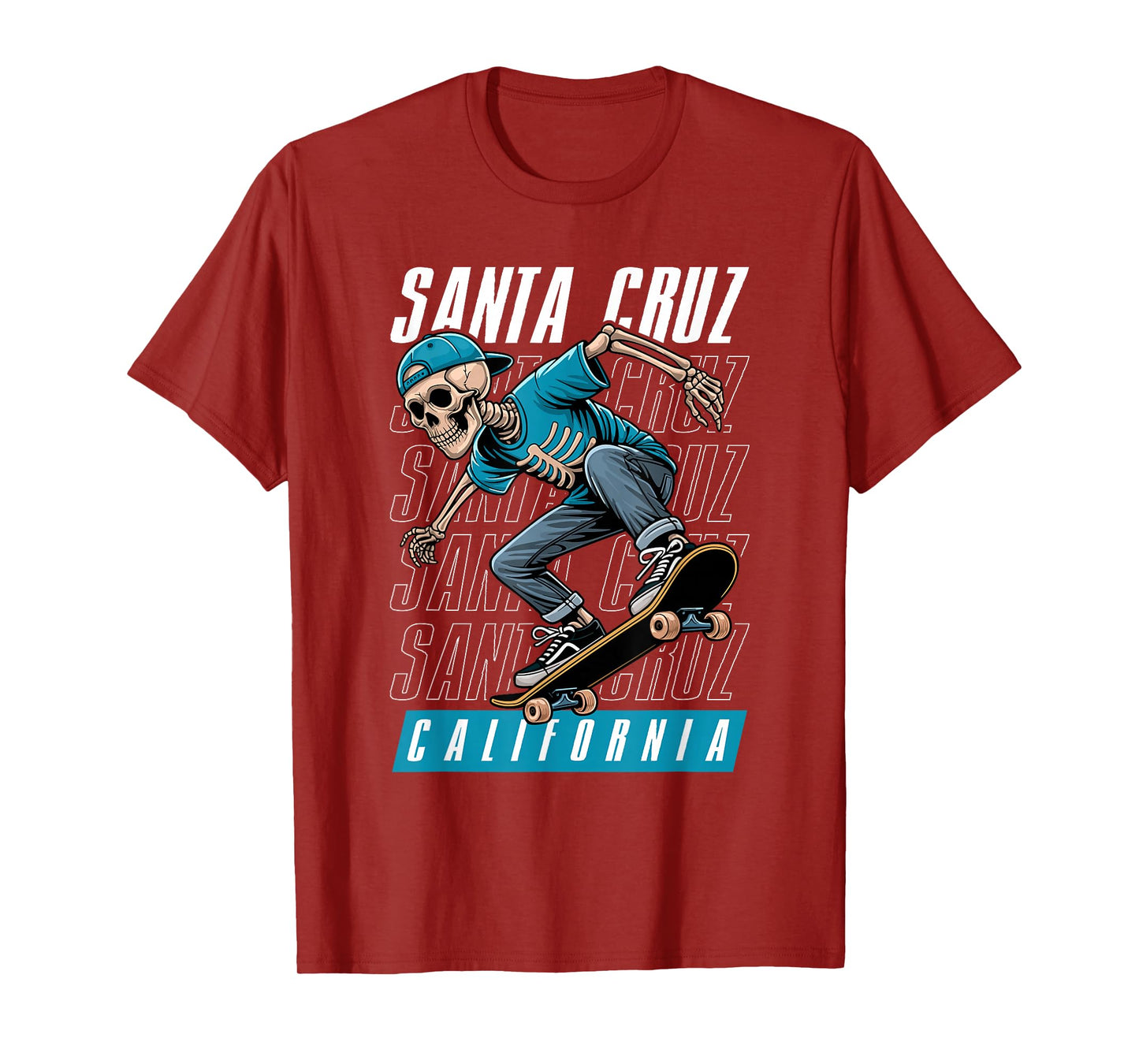 Santa Cruz California Tee, Skeleton in Hat Old School Skater T-Shirt