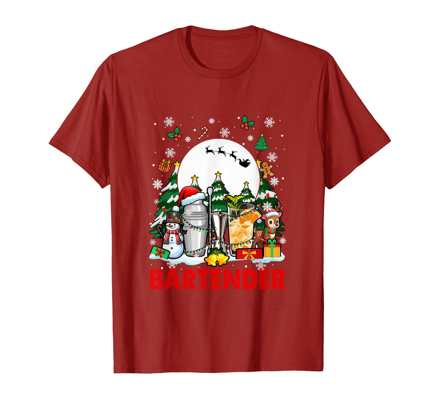 Bartender Job Tools Santa Snowmen Reindeer Christmas Trees T-Shirt