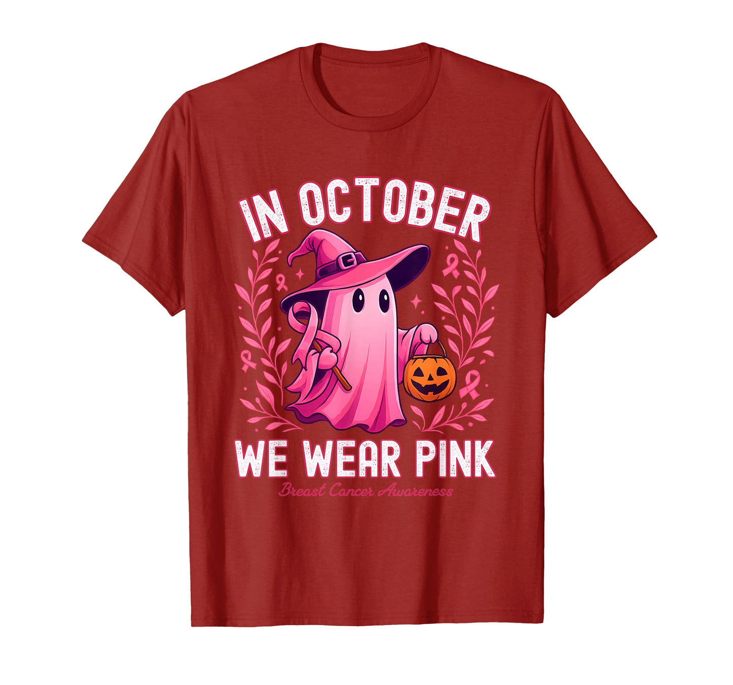 in October We Wear Pink Ghost Witch Design for Breast Cancer T-Shirt