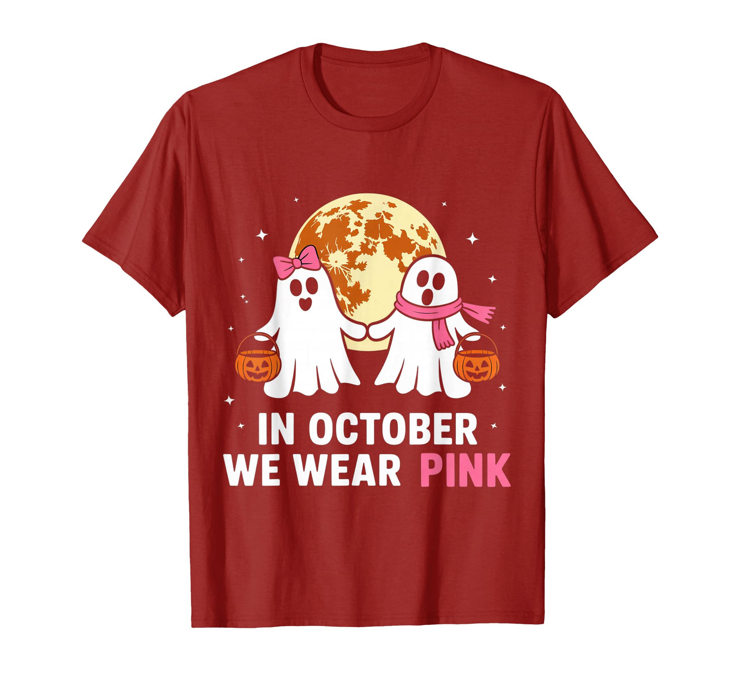 in October We Wear Pink Ghost Witch Breast Cancer Awareness T-Shirt