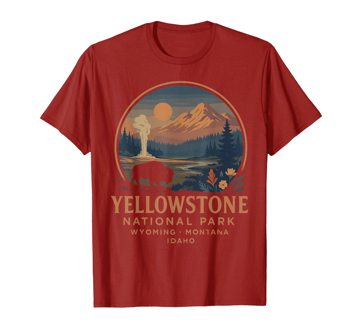Retro Yellowstone National Park Sunset Buffalo T-Shirt