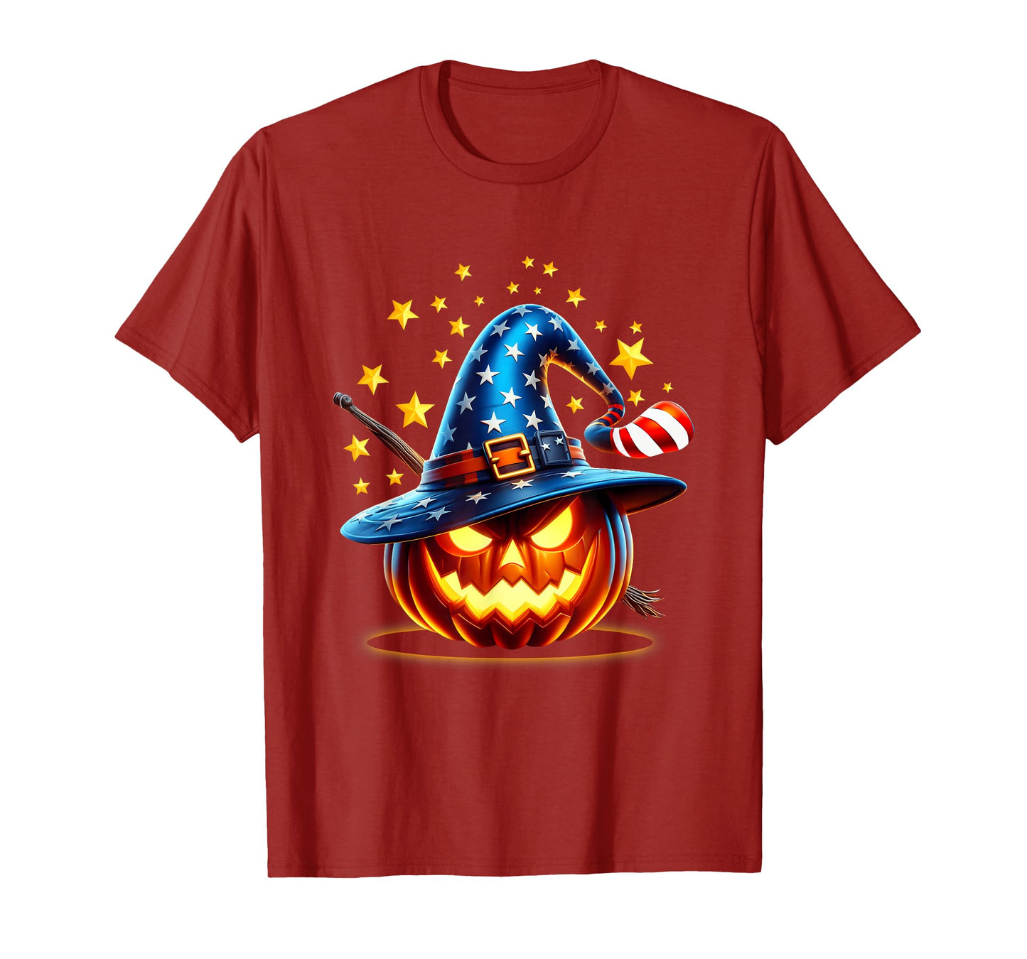 Patriotic Jack O Lantern Wearing Stars and Stripes Witch Hat T-Shirt