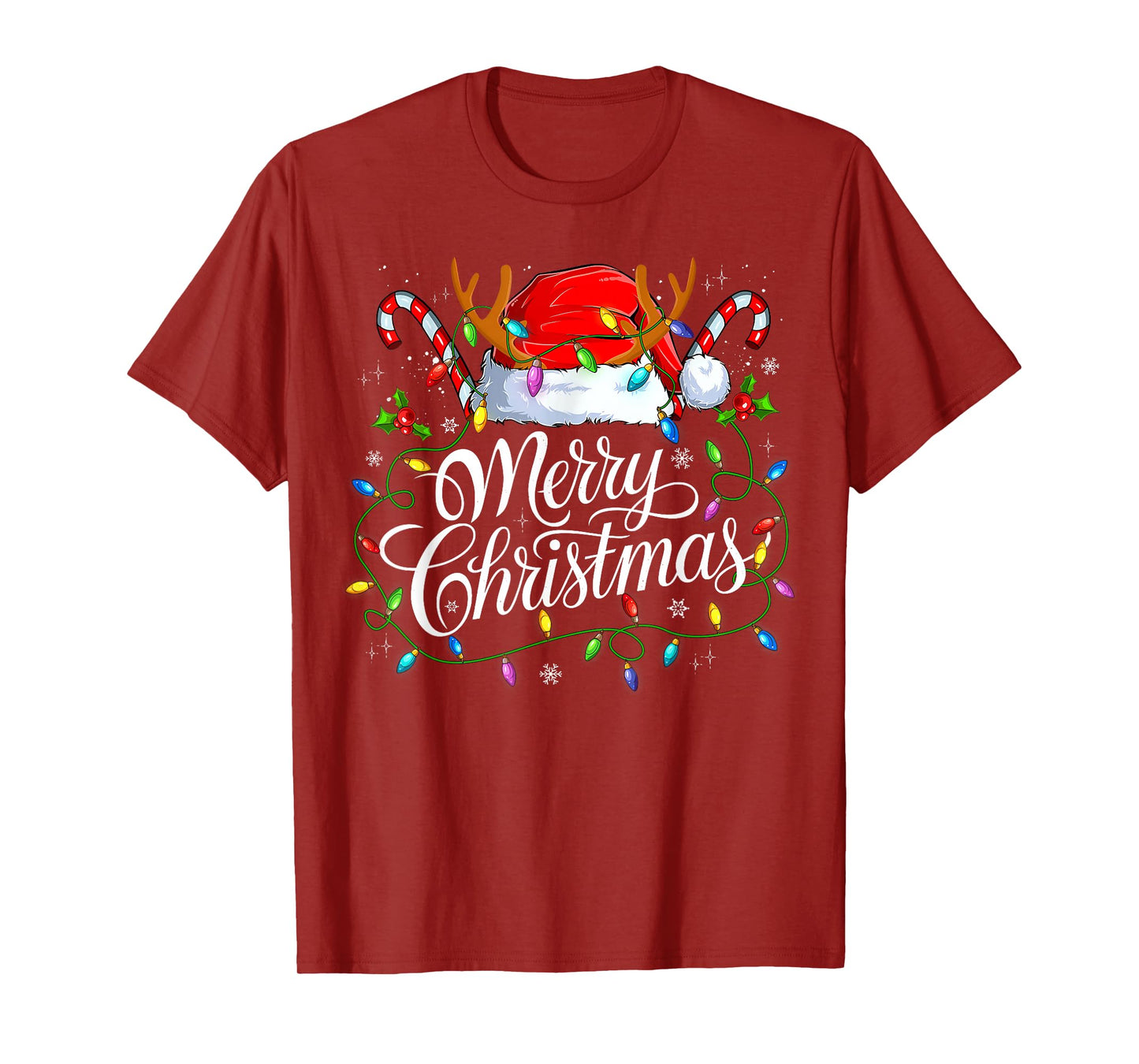 Merry Christmas Xmas Lights Santa Hat Candy Cane Holiday T-Shirt