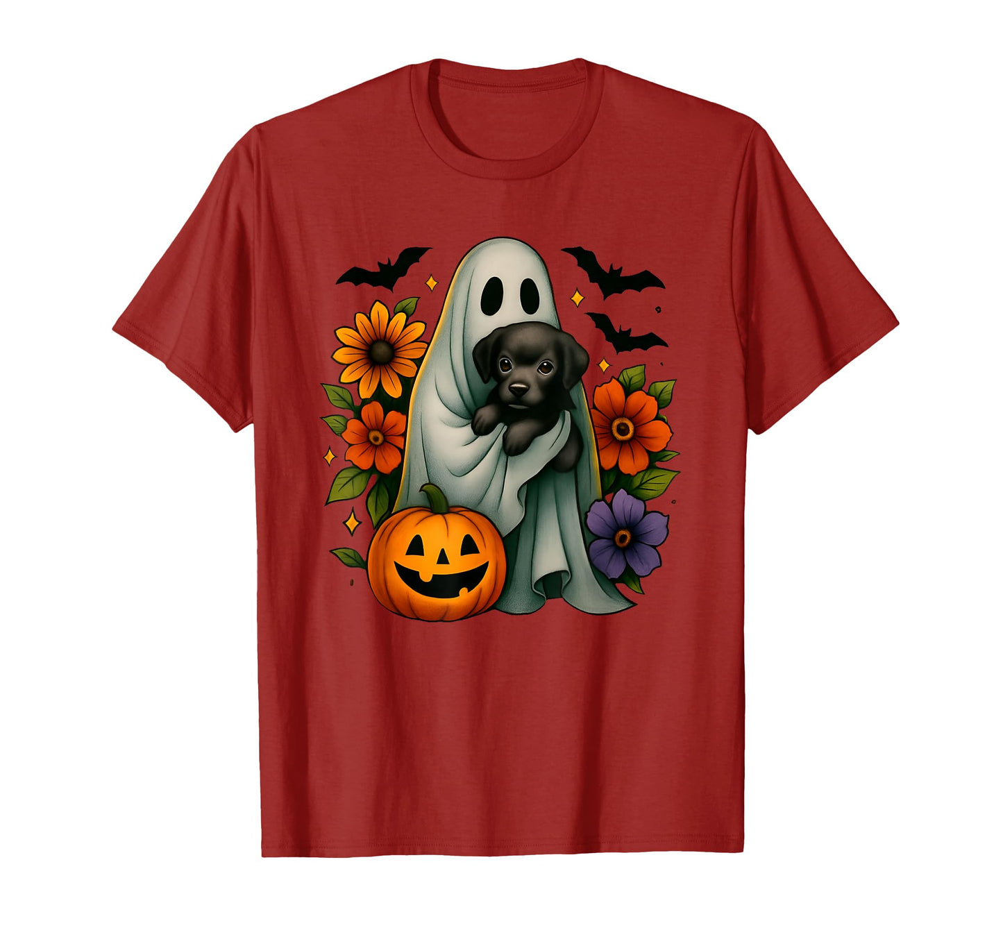 Floral Ghost Black Dog Coquette Funny Halloween Design T-Shirt