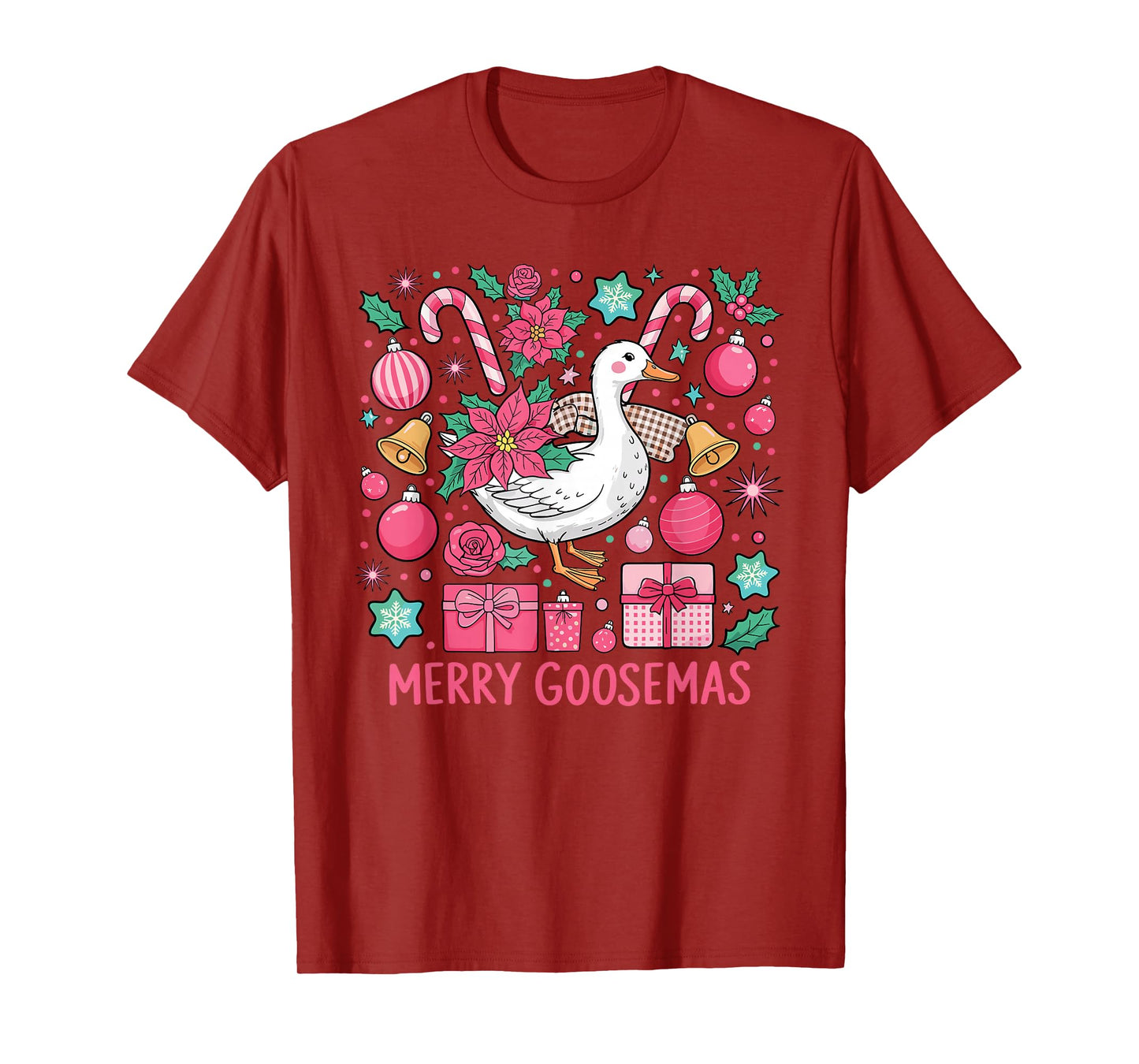 Merry Goosemas Pink Goose Santa Hat Lights Stars Christmas T-Shirt