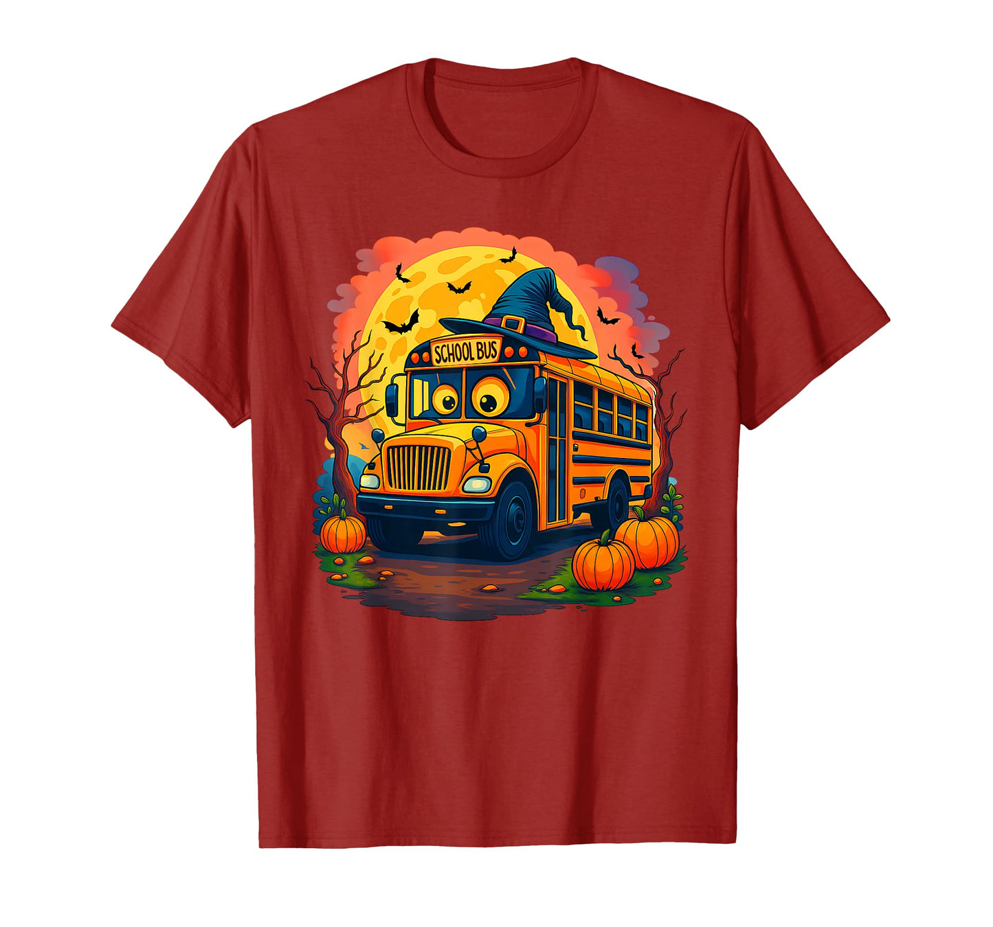School Bus with Witch Hat Pumpkins & Moon Halloween Day Boys T-Shirt