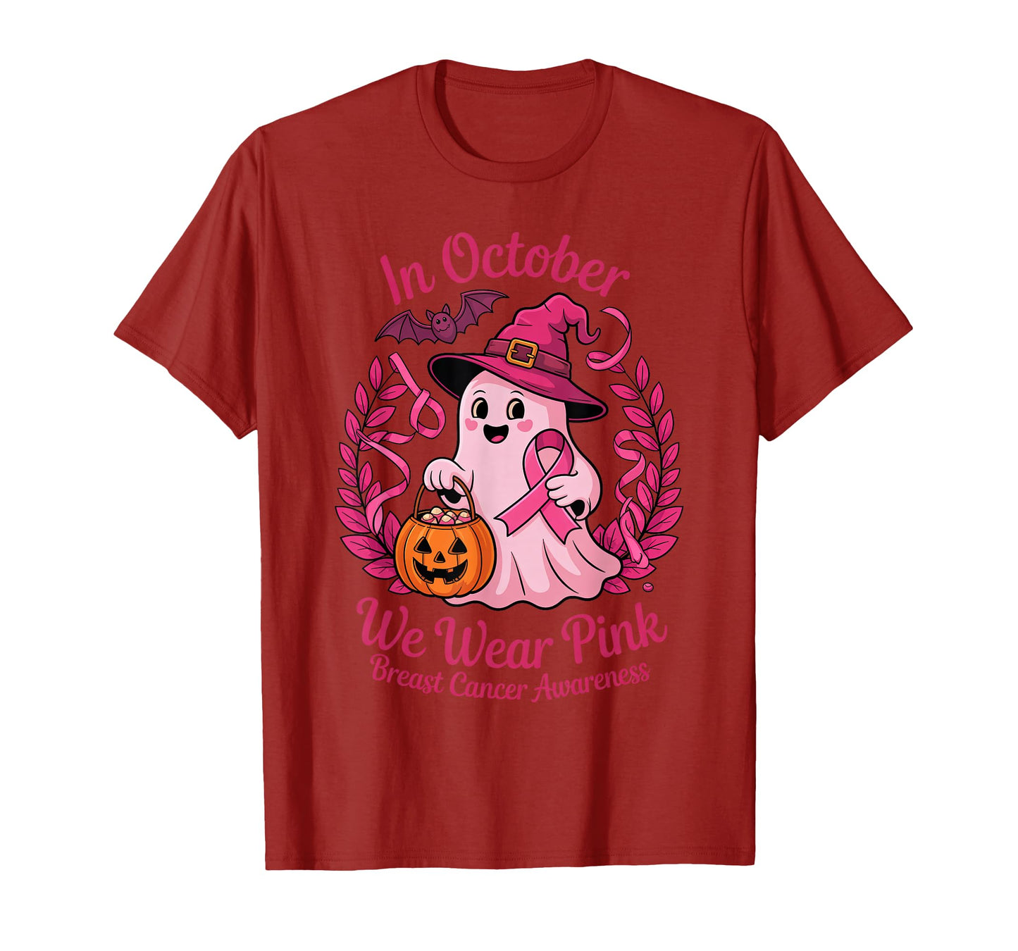 in October We Wear Pink Breast Cancer Ghost Witch Awareness T-Shirt
