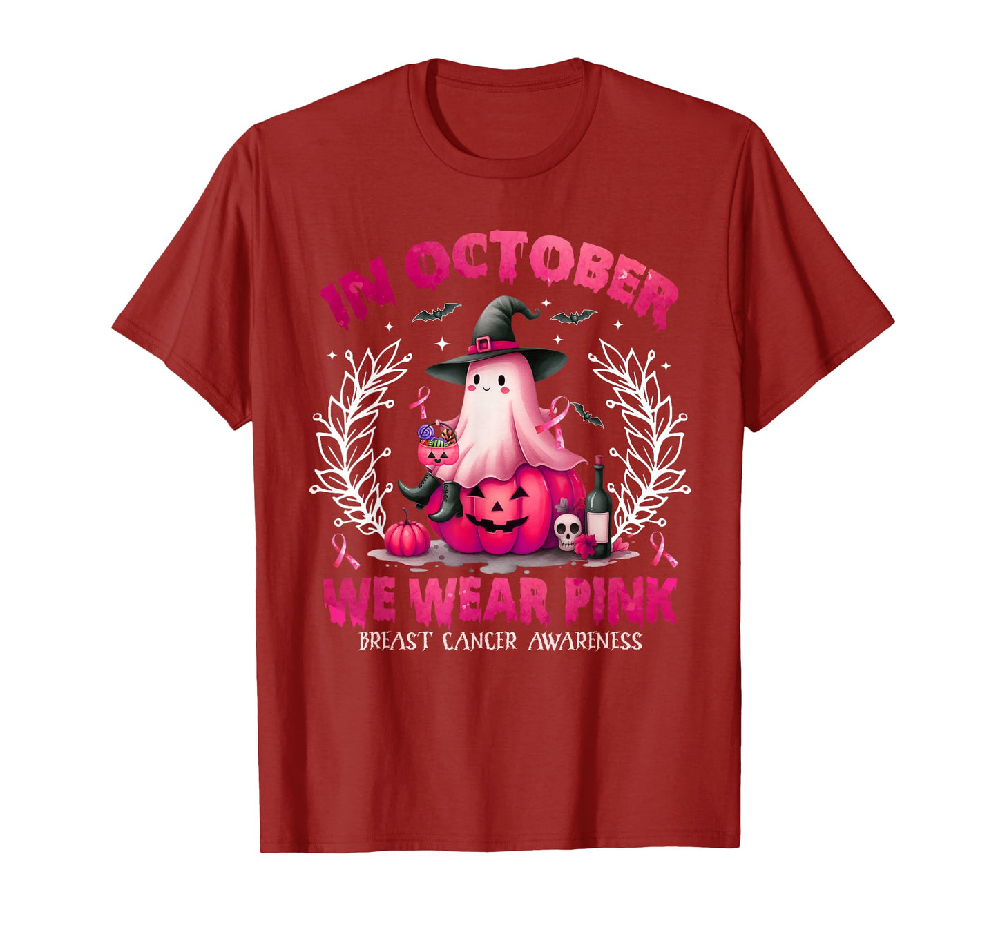 in October We Wear Pink Ghost Witch Breast Cancer Awareness T-Shirt