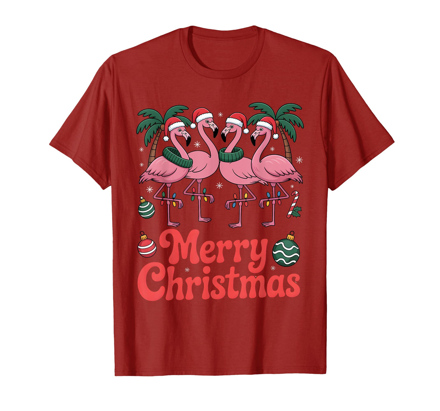 Merry Christmas Pink Flamingo Santa Hat Xmas Lights T-Shirt