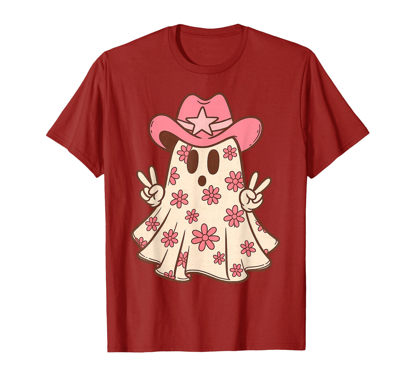 Retro Western Halloween Cowboy Cowgirl Ghost Boo Pink Floral T-Shirt