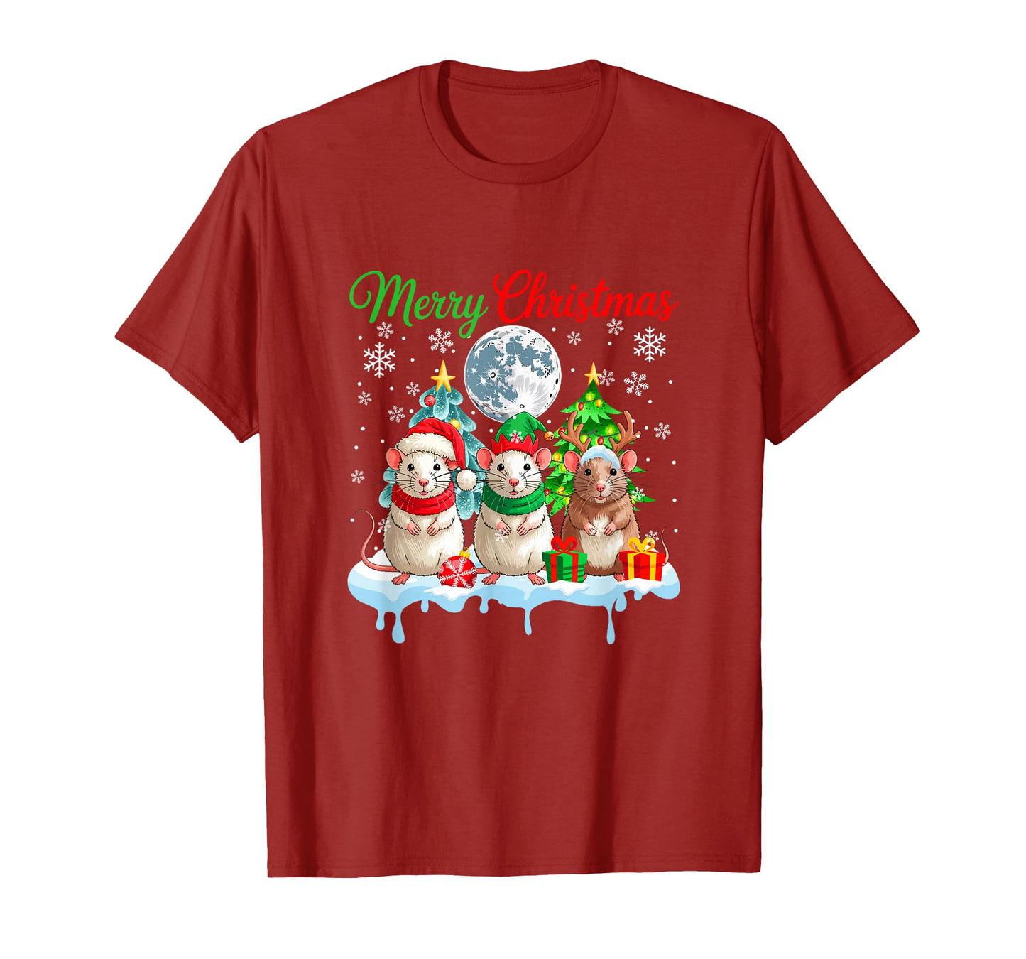 Merry Christmas Three Santa Elf Reindeer Rats Rodent T-Shirt