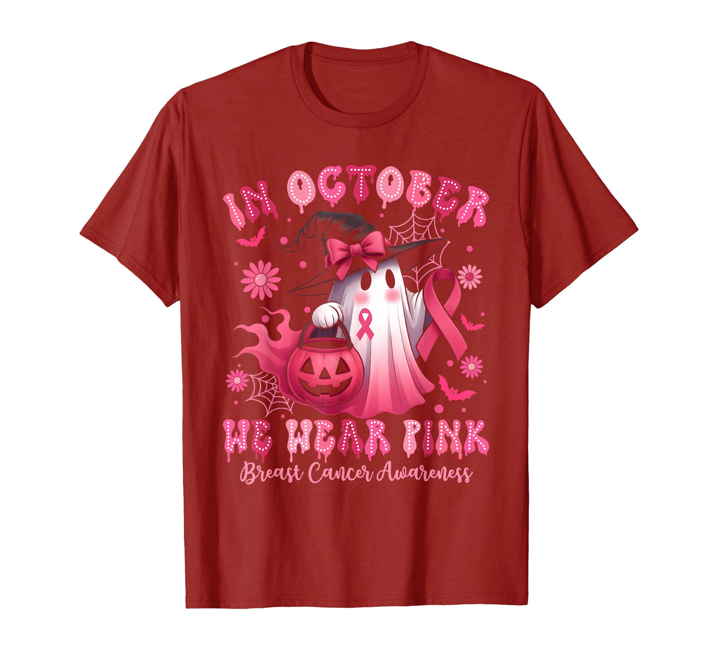 in October We Wear Pink Ghost Witch Breast Cancer Awareness T-Shirt