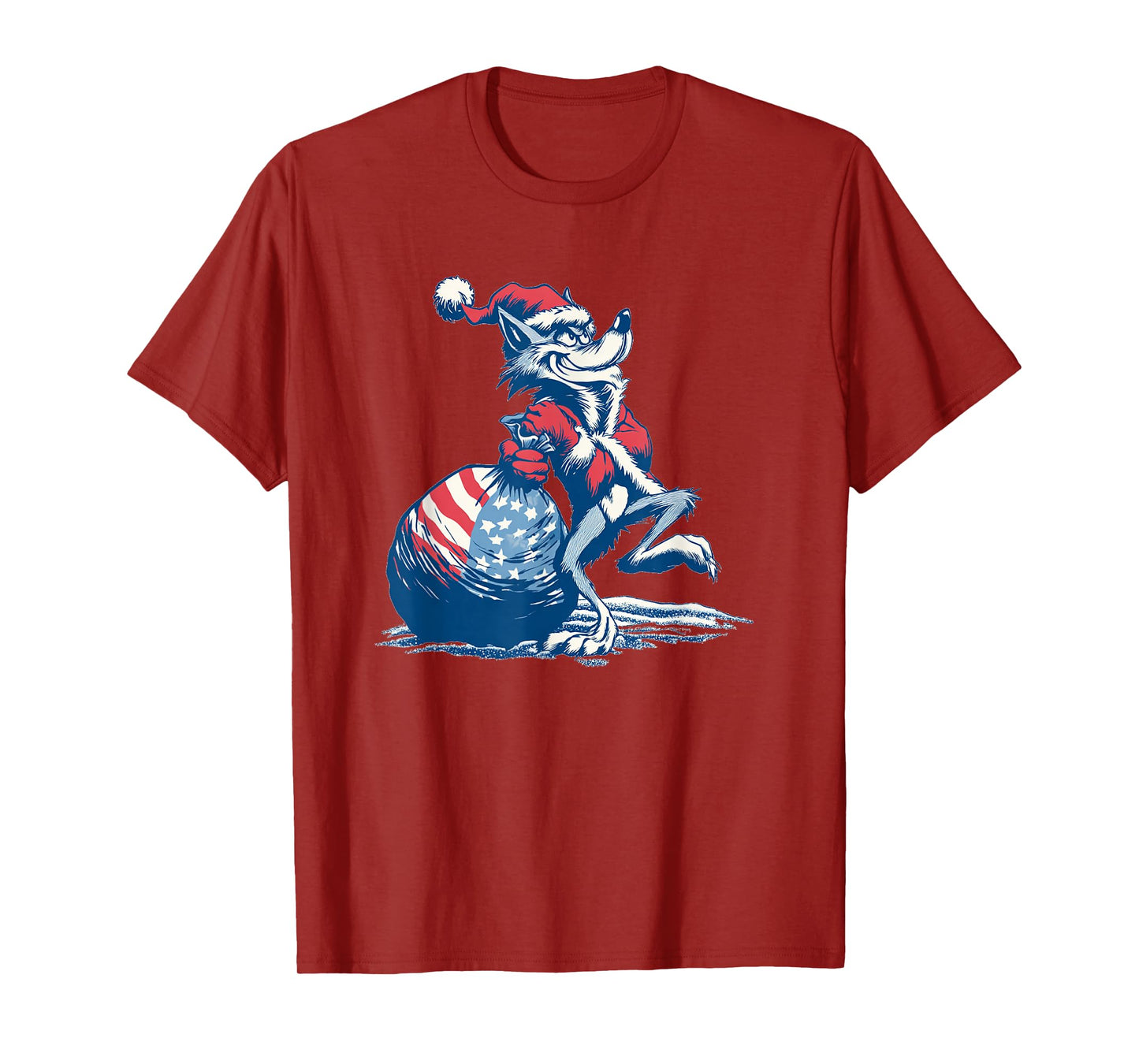 Funny Wolf in Christmas Mood with Santa Claus Bag Costume T-Shirt