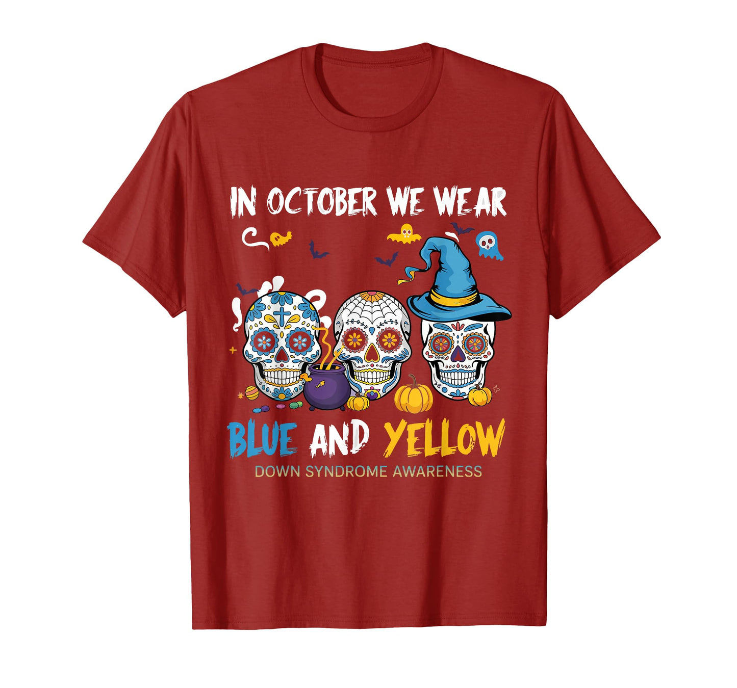 Sugar Skulls Halloween Blue and Yellow Down Syndrome T-Shirt