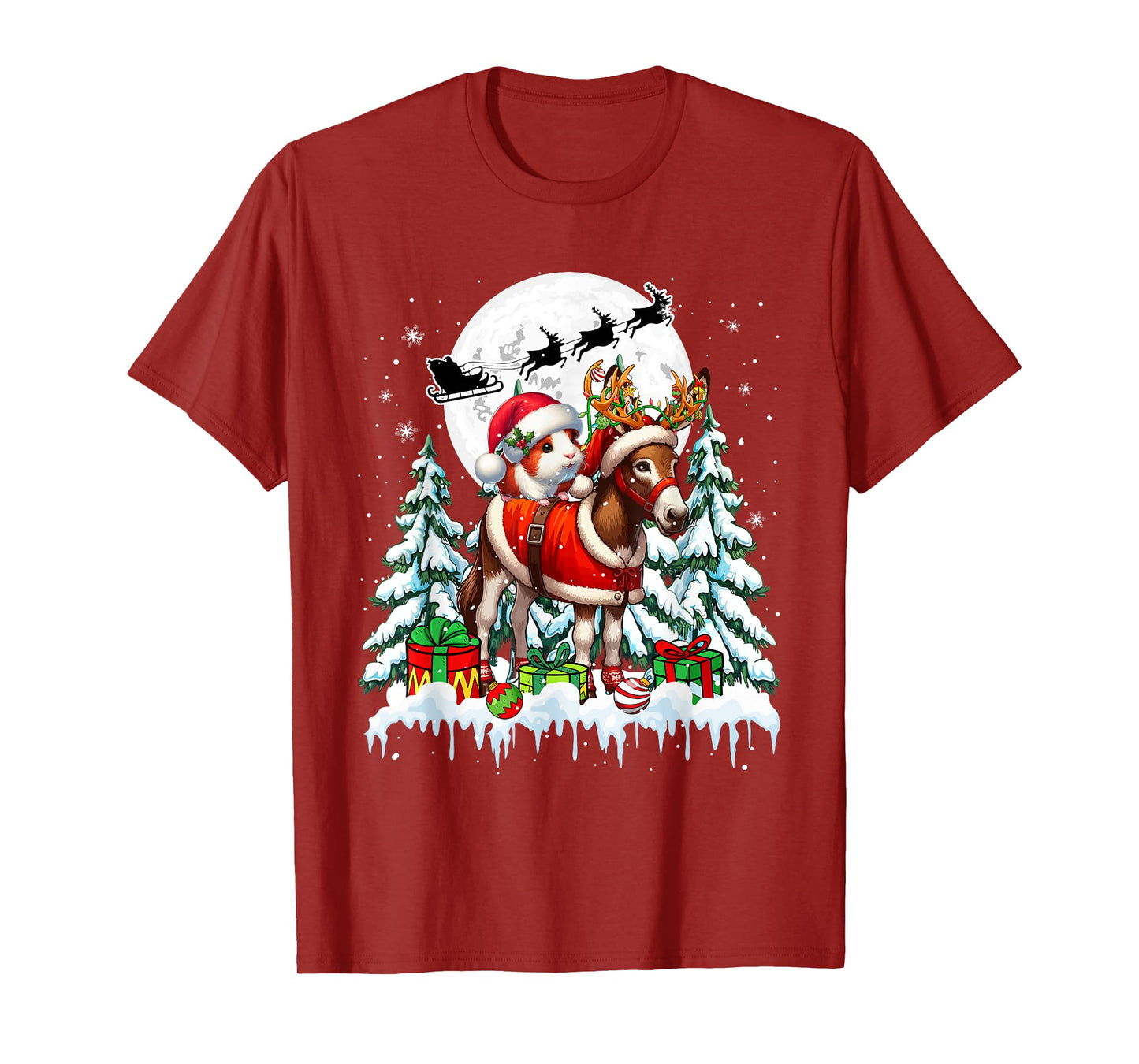 Santa Guinea Pig Riding Reindeer Donkey Christmas Trees T-Shirt