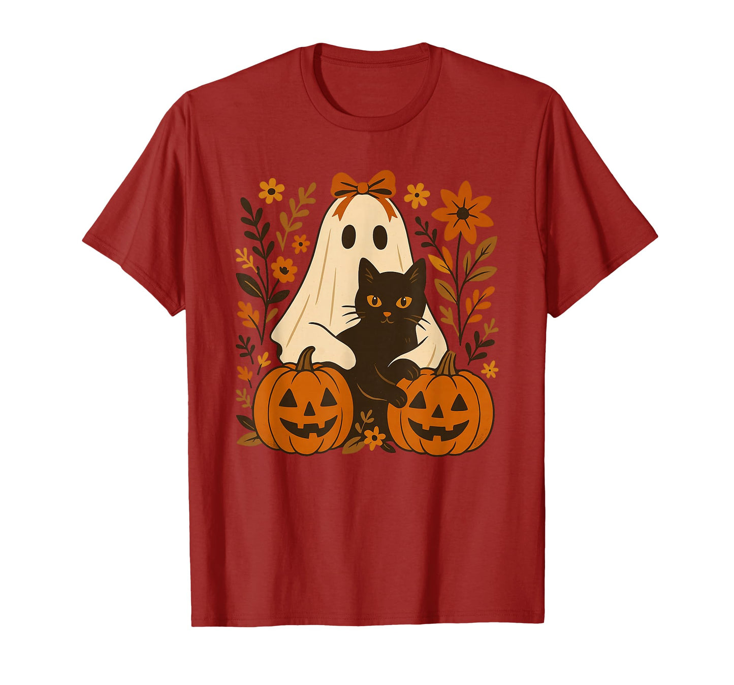 Vintage Halloween Ghost Holding Black Cat Groovy Floral T-Shirt
