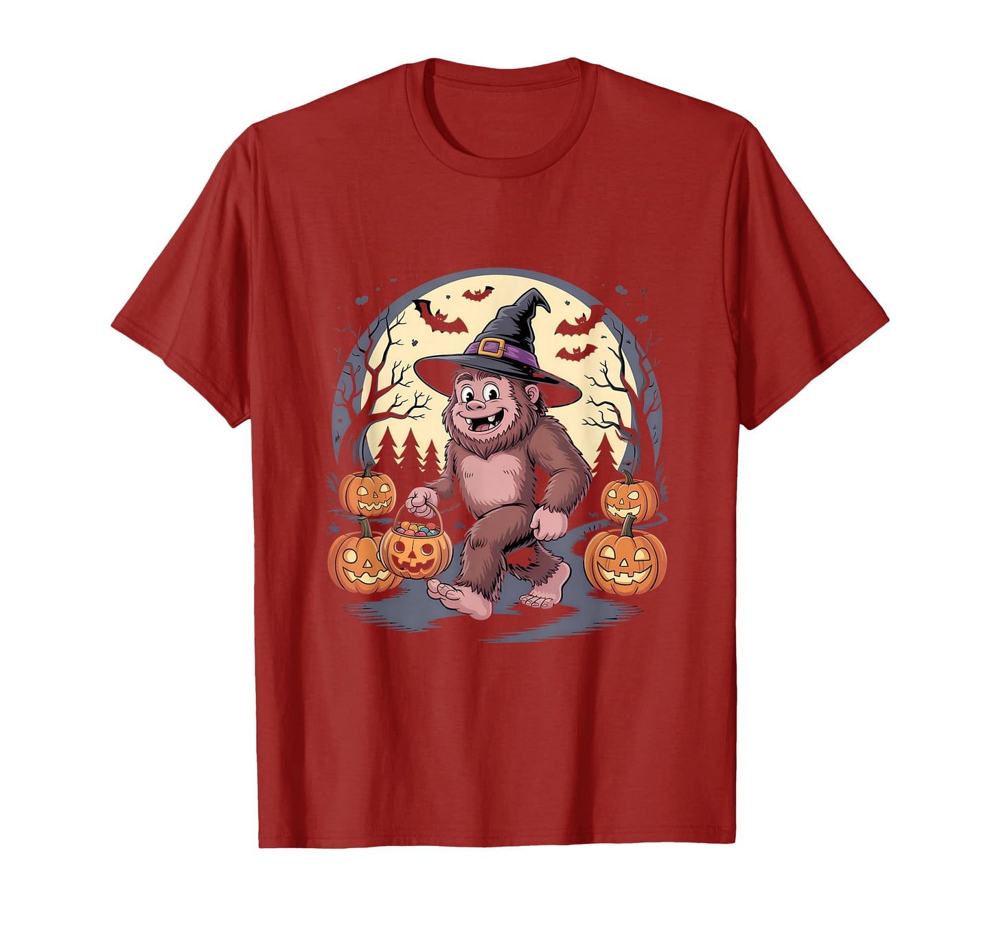 Cute Halloween Bigfoot Witch Hat Pumpkin Moon T-Shirt