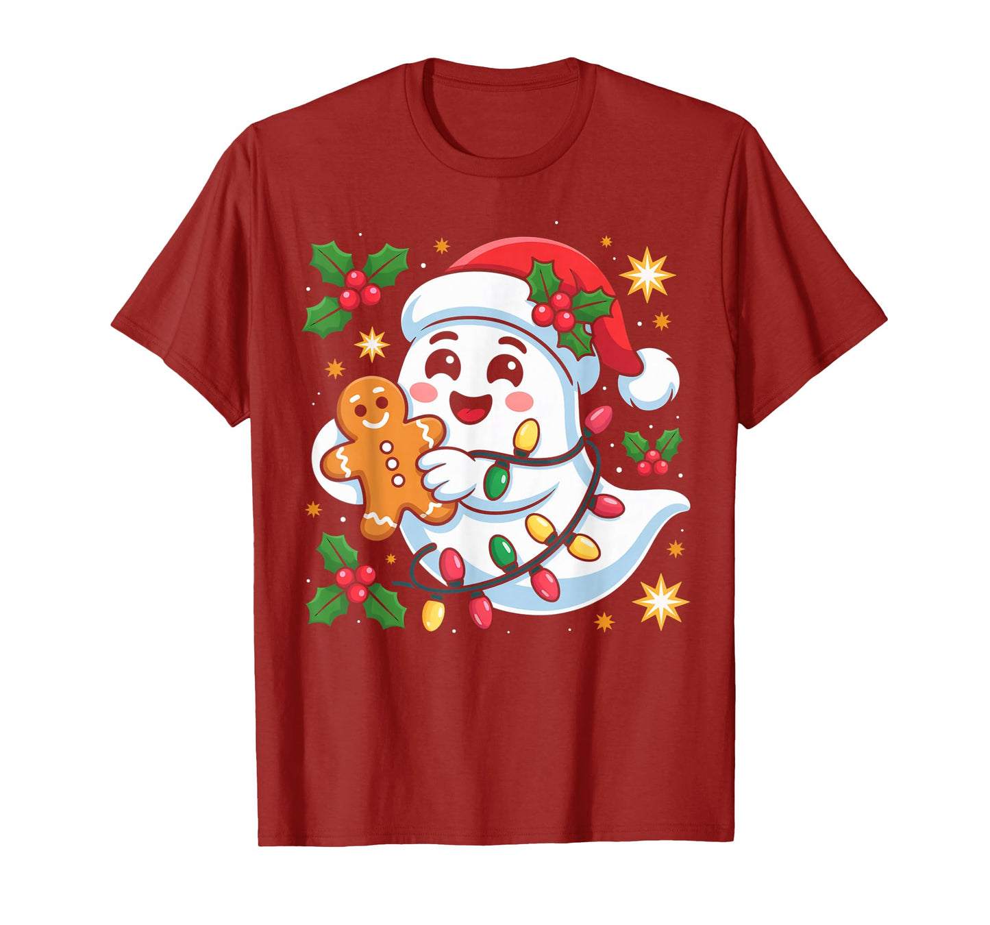 Kawaii Ghost Santa Hat Holiday Lights Xmas Costume T-Shirt